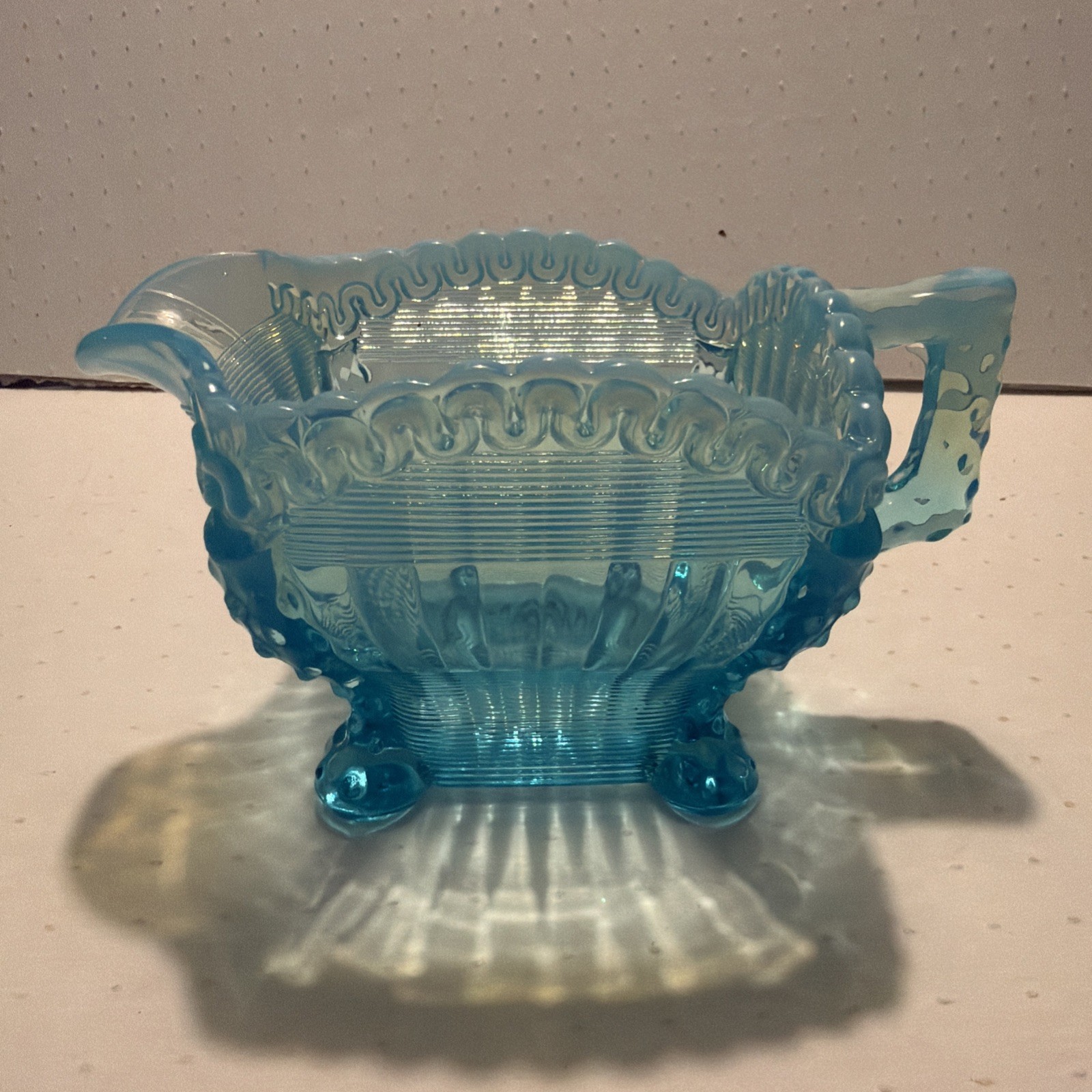 Northwood Blue Opalescent Glass Antique Alaskan Lions Leg Vintage Creamer 6”W 3”