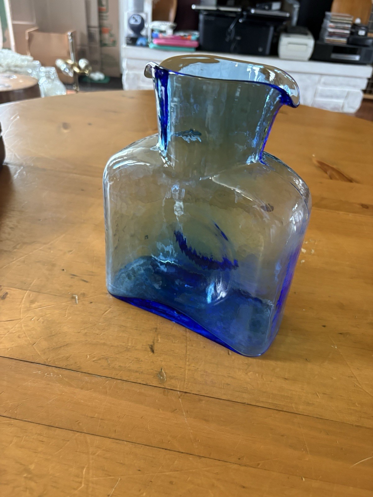Vintage Blenko Art Glass Azure Blue Double Spout Water Bottle Pitcher Carafe 8\