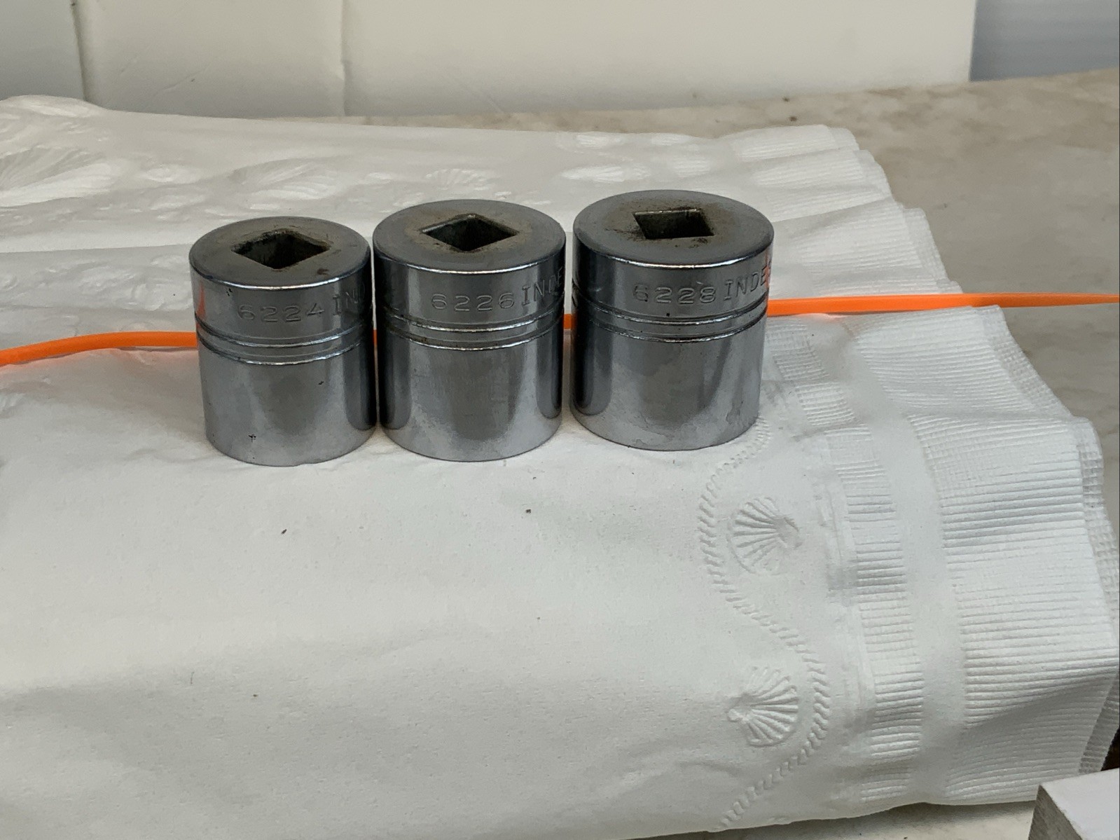 INDESTRO 3pc 3/8 Drive 12pt Sockets, 3/4, 13/16, 7/8in., USA - Orange INDESTRO 3pc 3/8 Drive 12pt Sockets, 3/4, 13/16, 7/8in., USA - Orange