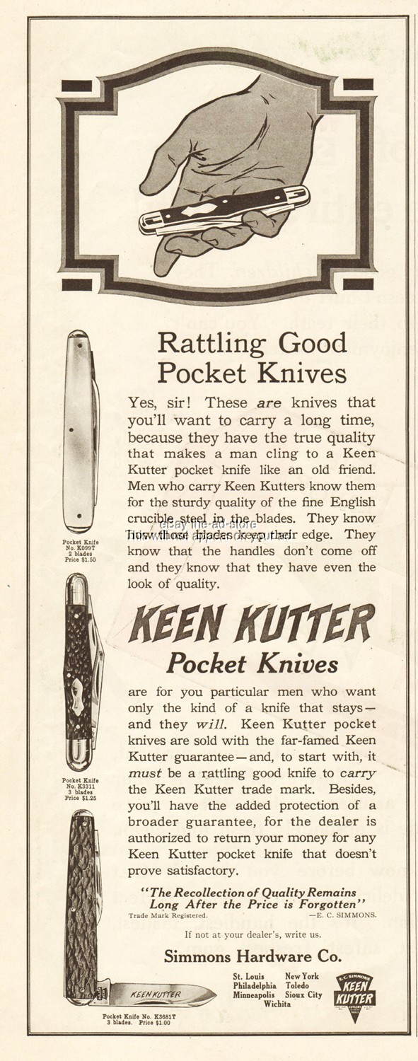 1914 Keen Kutter Pocket Knife K3681T K3311 K099T Simmons Hardware St Louis MO Ad