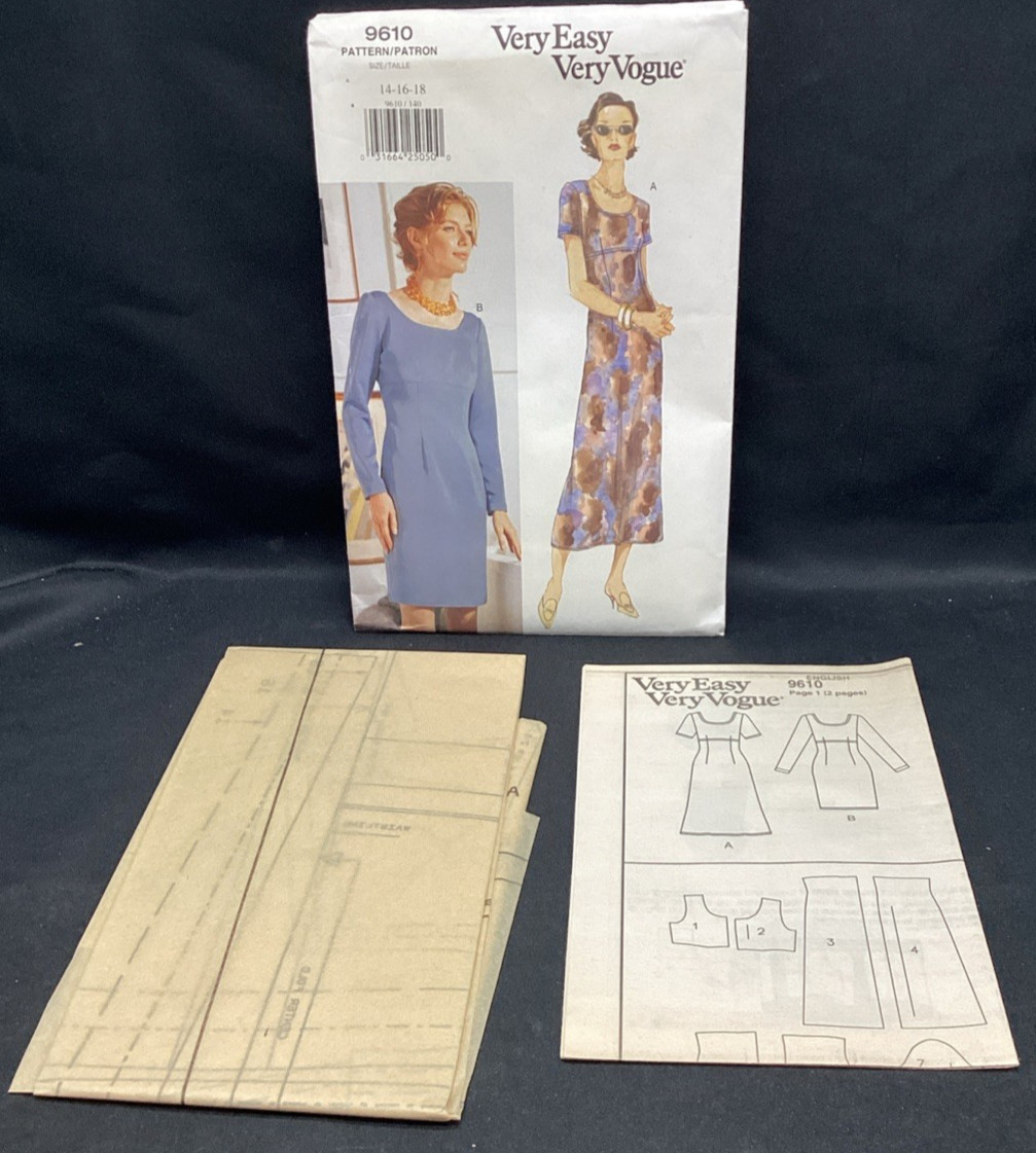 Vtg Sewing Pattern, Very Easy Very Vogue 9610 dress 14-18 Uncut ships free Vtg Sewing Pattern, Very Easy Very Vogue 9610 dress 14-18 Uncut ships free