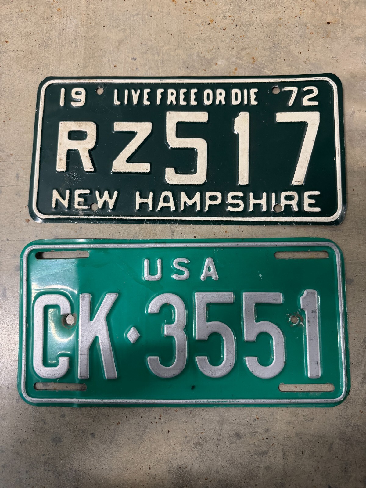 Vintage 1972 New Hampshire Live Free Die & USA Teal Plates