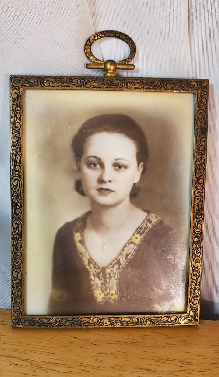 Vintage 1930-40s Ornate Brass Frame Hanging Loop & Photo-Ceramic Pic 3.25 X 4.25