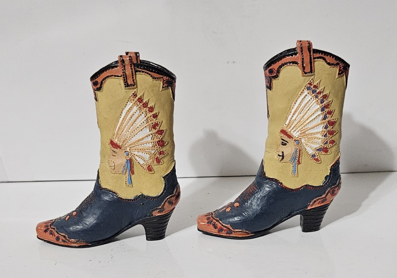 Pair of Hand Painted Ceramic Western Boots With Indian Chief