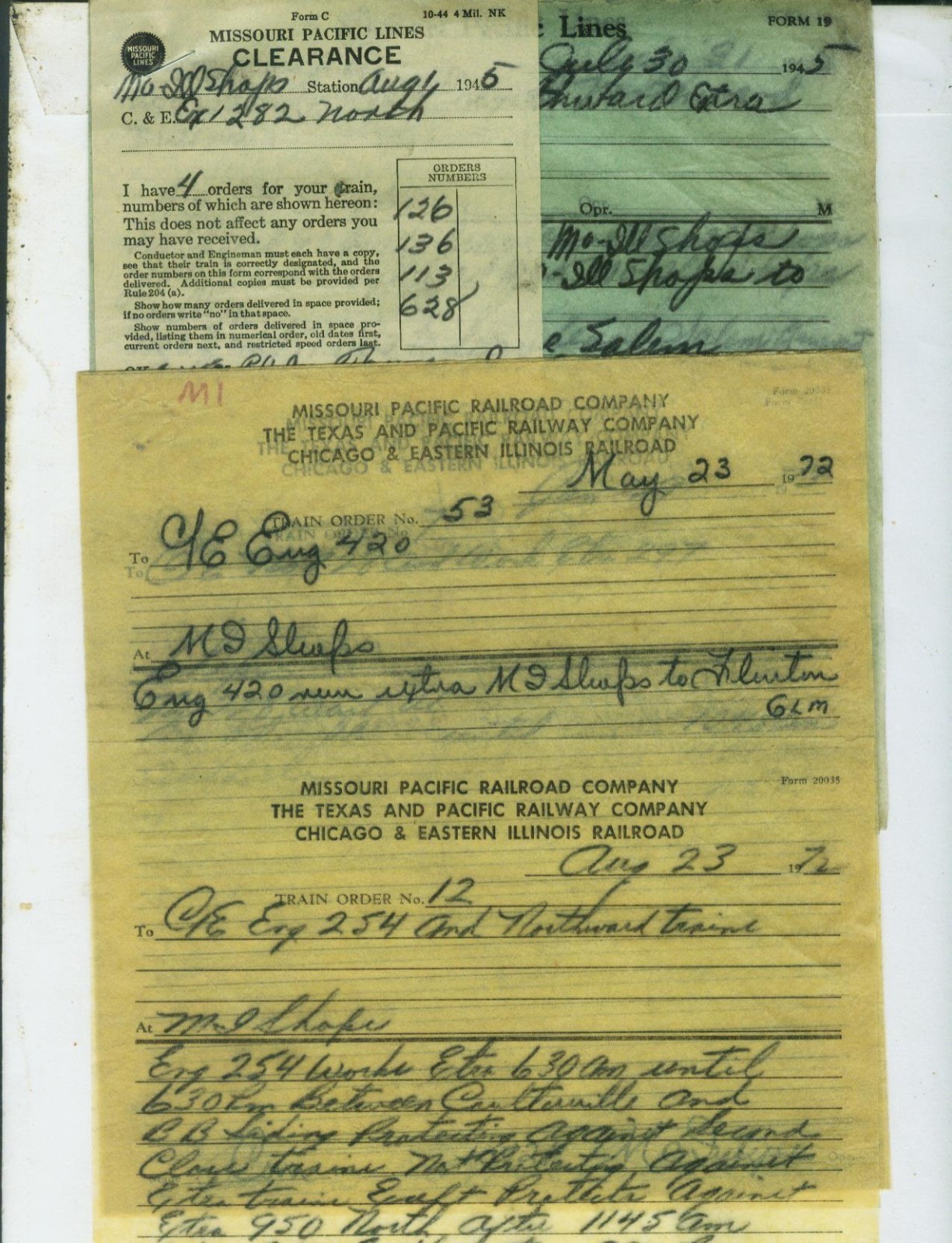 MISSOURI-ILLINOIS R.R. TRAIN ORDERS (10) MI SHOPS (SPARTA) ILLINOIS 1945 - 1973.