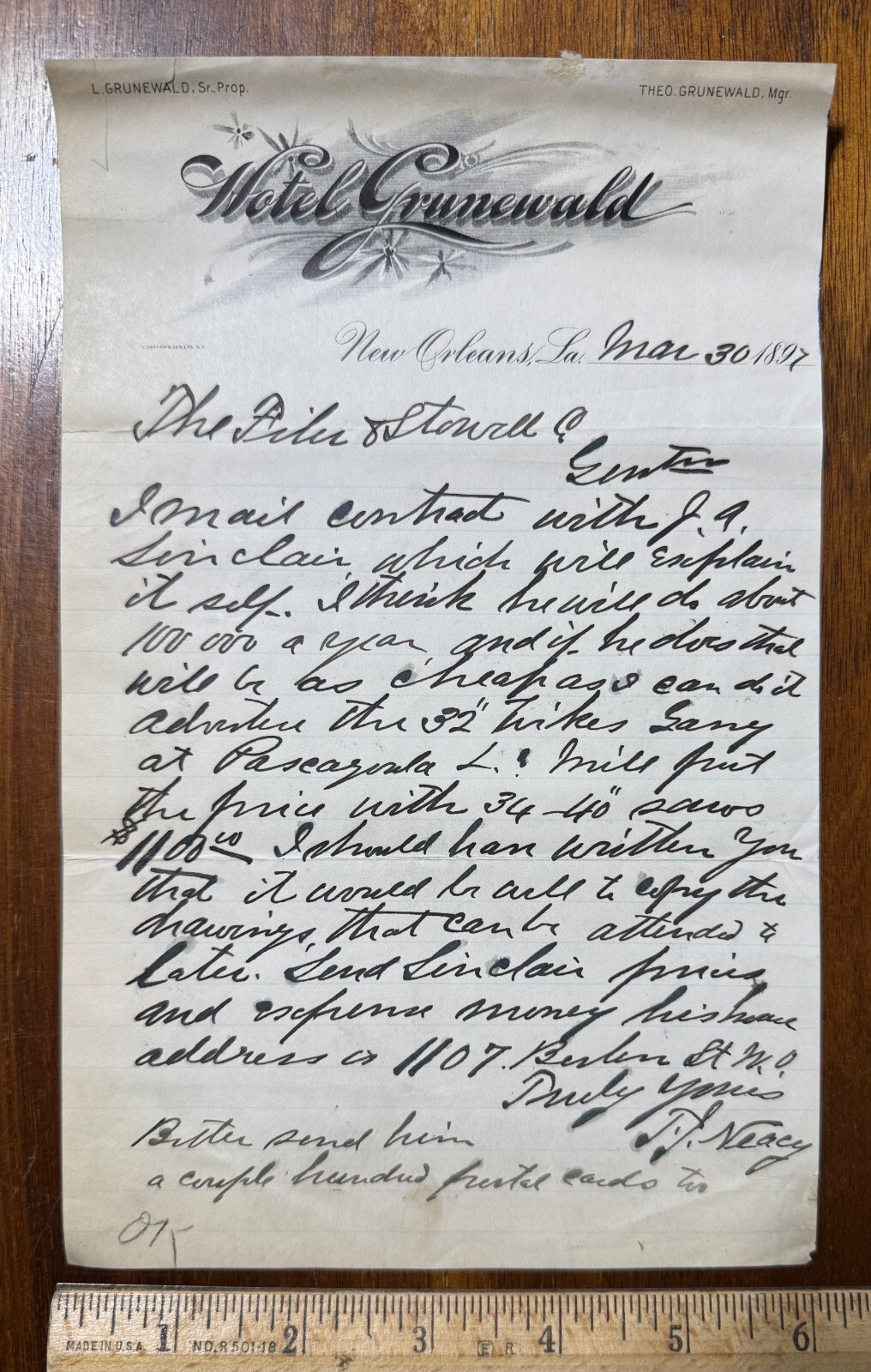 1897 half sheet letterhead Hotel Grunewald New Orleans LA