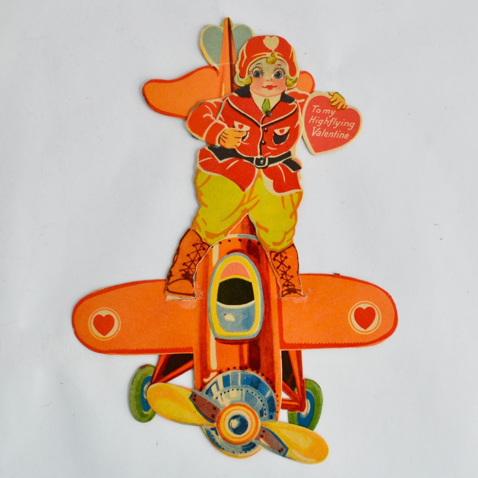 Vintage 1920s 1930s Mechanical Articulating Valentine Card Airplane Pilot