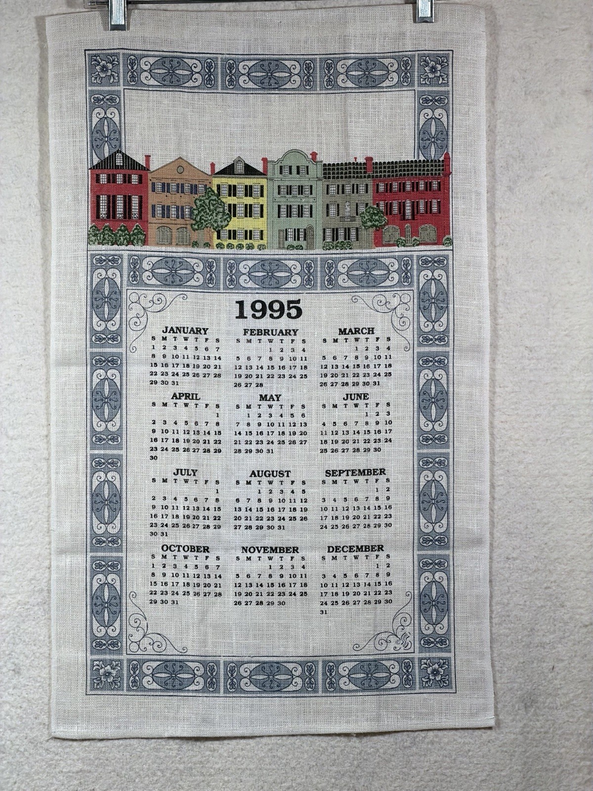 Vintage 1995 Calendar Tea Towel Row Houses Colonial Cottagecore 27x17