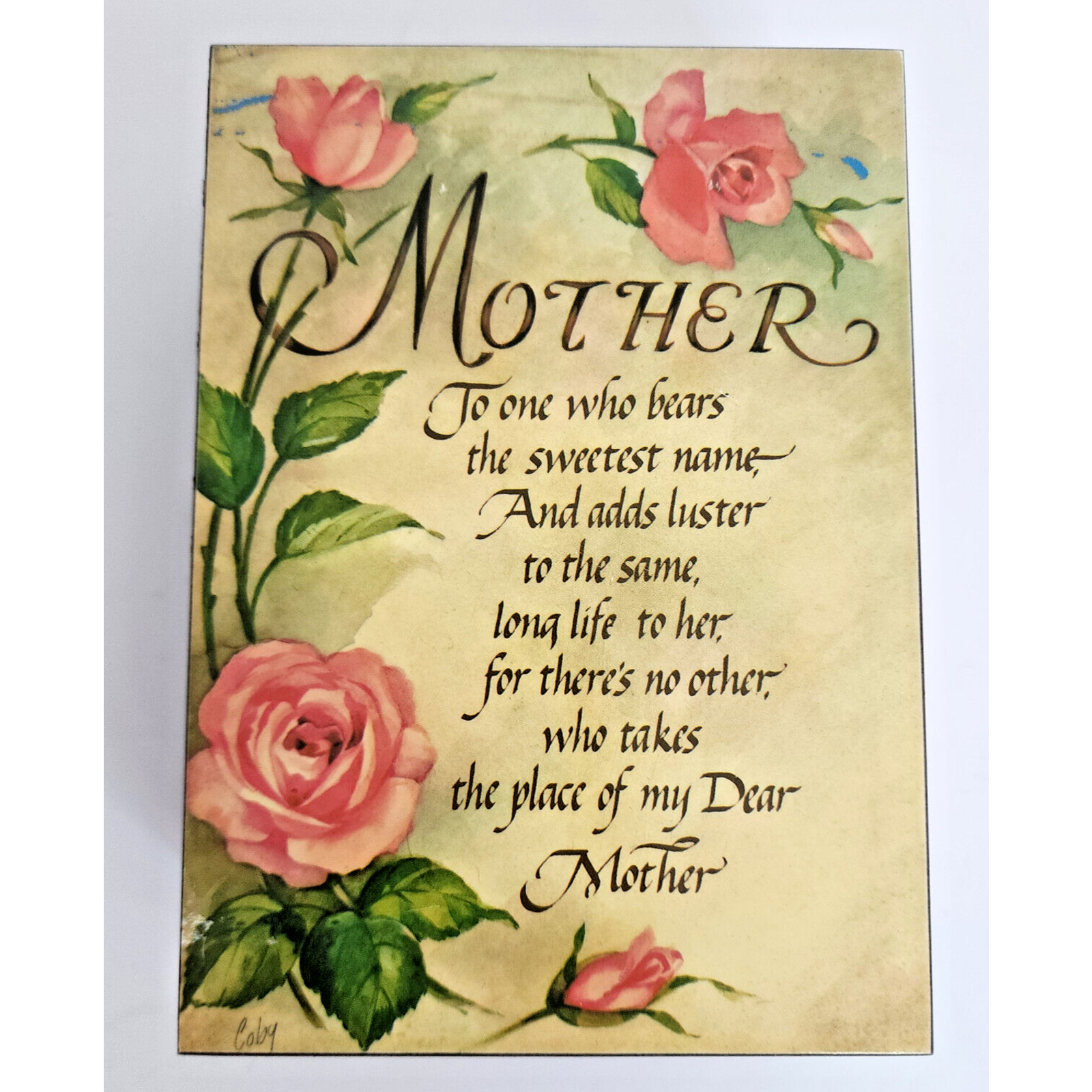 Vintage Mother\'s Poem Wooden Cedar Keepsake Jewelry Box Pink Painted Flowers