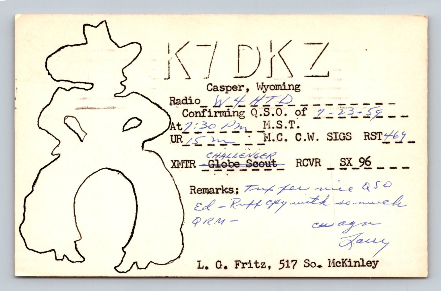 Ham Radio QSL/QSO K7DKZ W4HTD Casper, Wyoming USA 1959 Globe Scout Cowboy Art Ham Radio QSL/QSO K7DKZ W4HTD Casper, Wyoming USA 1959 Globe Scout Cowboy Art