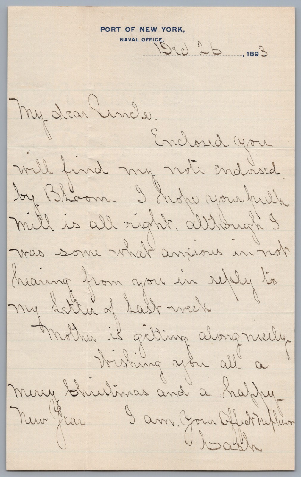 1896 Port of New York Naval Office Handwritten Letter Letterhead to Uncle