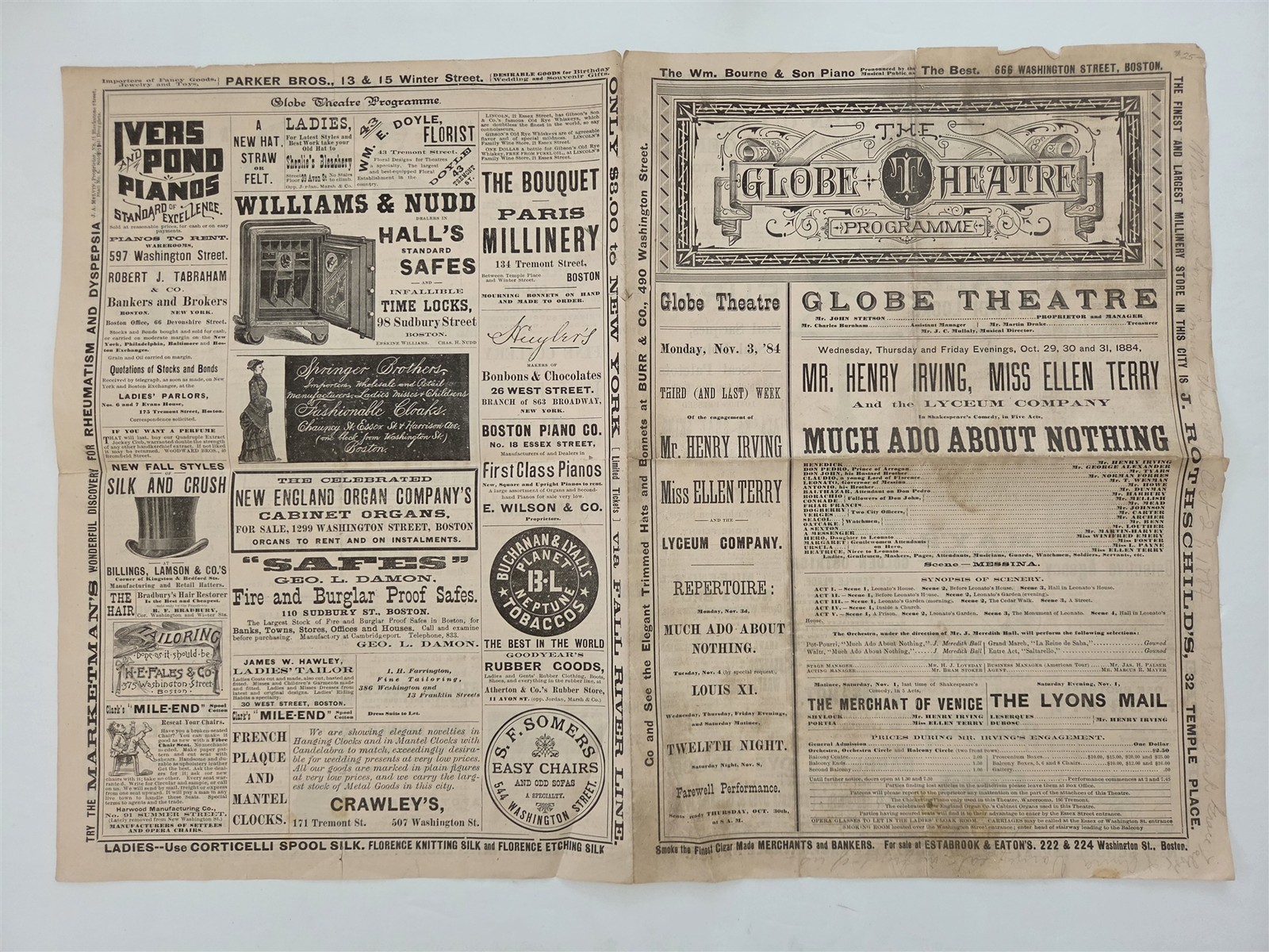 1884 antique GLOBE THEATRE boston ma HENRY IRVING ELLEN TERRY PROGRAMME SHAKESPE