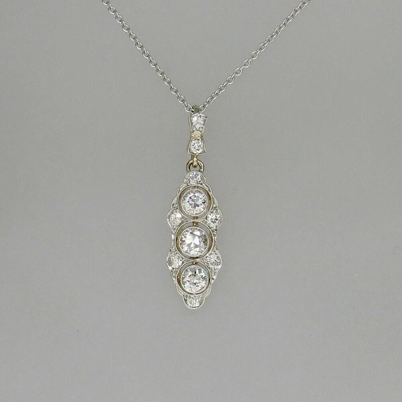 Vintage Style Diamond 3-Stone Drop Pendant Necklace 14K Two-Tone Gold Plated 18'