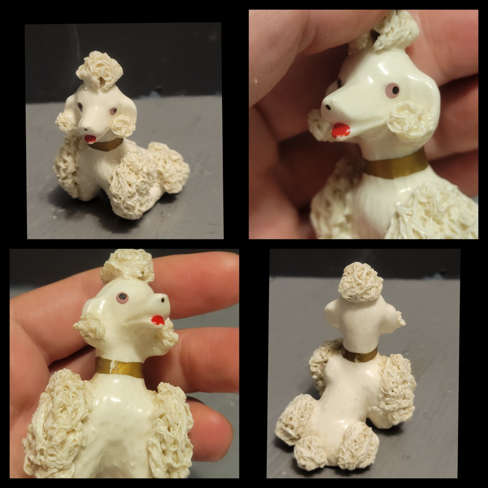 Vintage Spaghetti Porcelain Poodle Figurine Ceramic White W Purple Eyes 