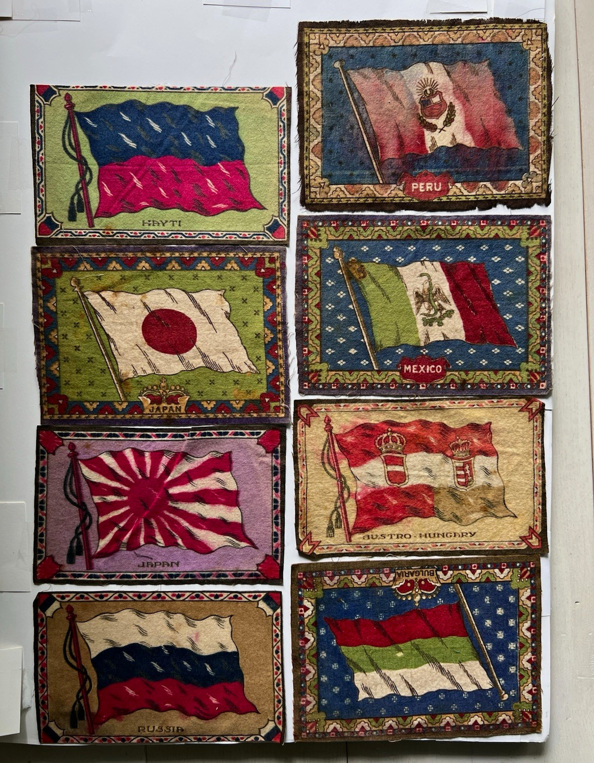Lot of 8 Vintage Tobacco Felt Flag Silks Japan Russia Mexico Peru Haiti Bulgaria