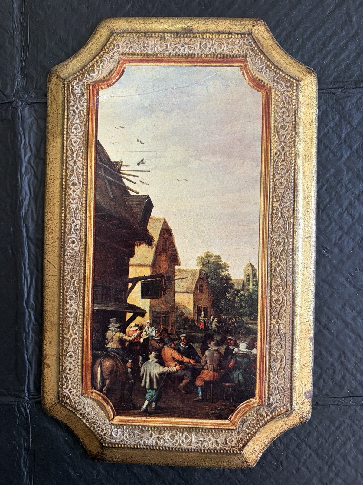 Vintage Florentine Wooden Wall Plaques Gold Gilt Floral Made Italy Town Scene