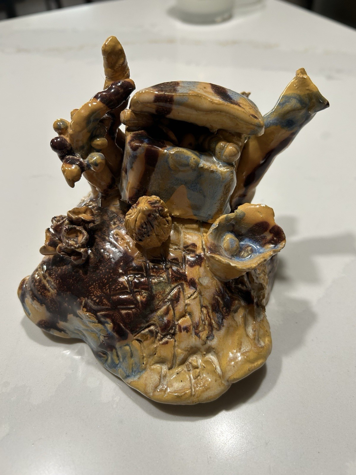 Glazed ceramic abstract sculpture figurine - glossy brown beige blue-fantastic Glazed ceramic abstract sculpture figurine - glossy brown beige blue-fantastic