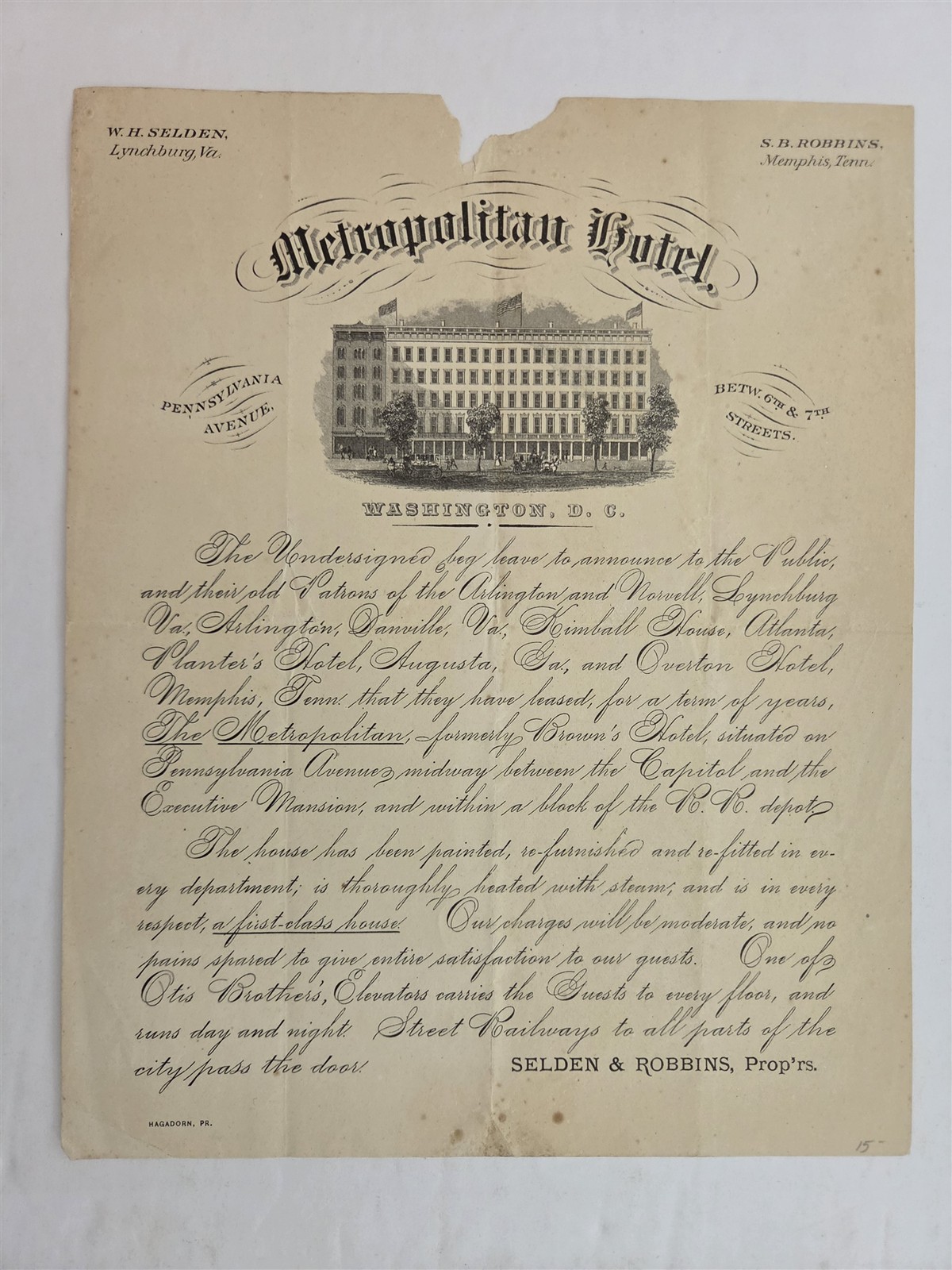 1870s antique METROPOLITAN HOTEL washington DC announcement Selden Robbins