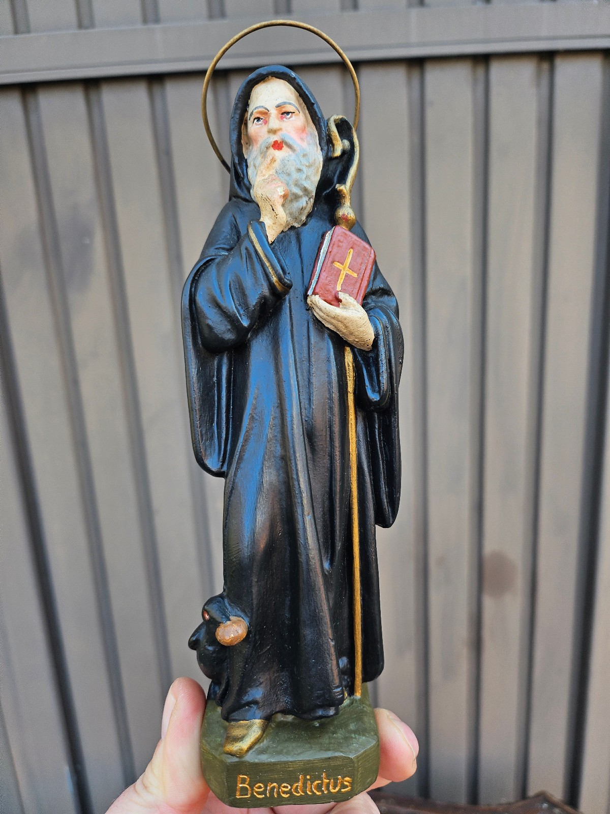 Antique Chalkware  statue Saint Benedict religious art signed