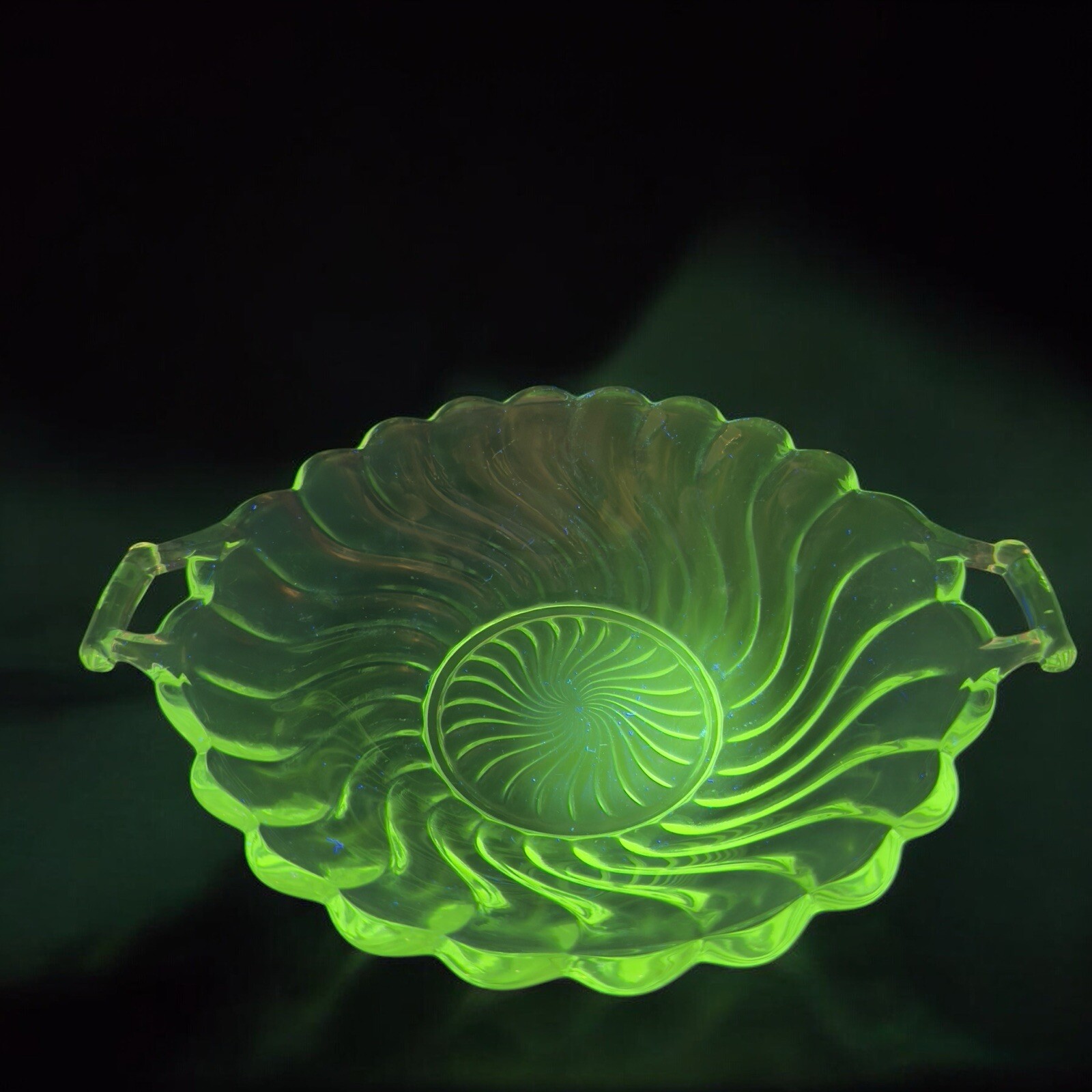 1940s Fostoria Colony Swirl Dish Bowl Clear Glass Manganese 365nm Green Handles