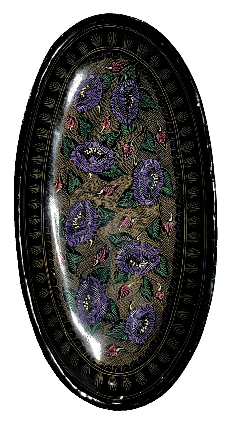 VTG Kashmiri Wood Lacquer Tray Hand Painted Engraved Floral Oval Vanty Dish 10x5