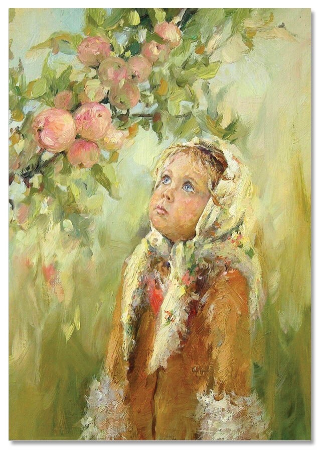 LITTLE GIRL Apple tree Field KIDS Ethnic ART Morozova Russia NEW modern Postcard
