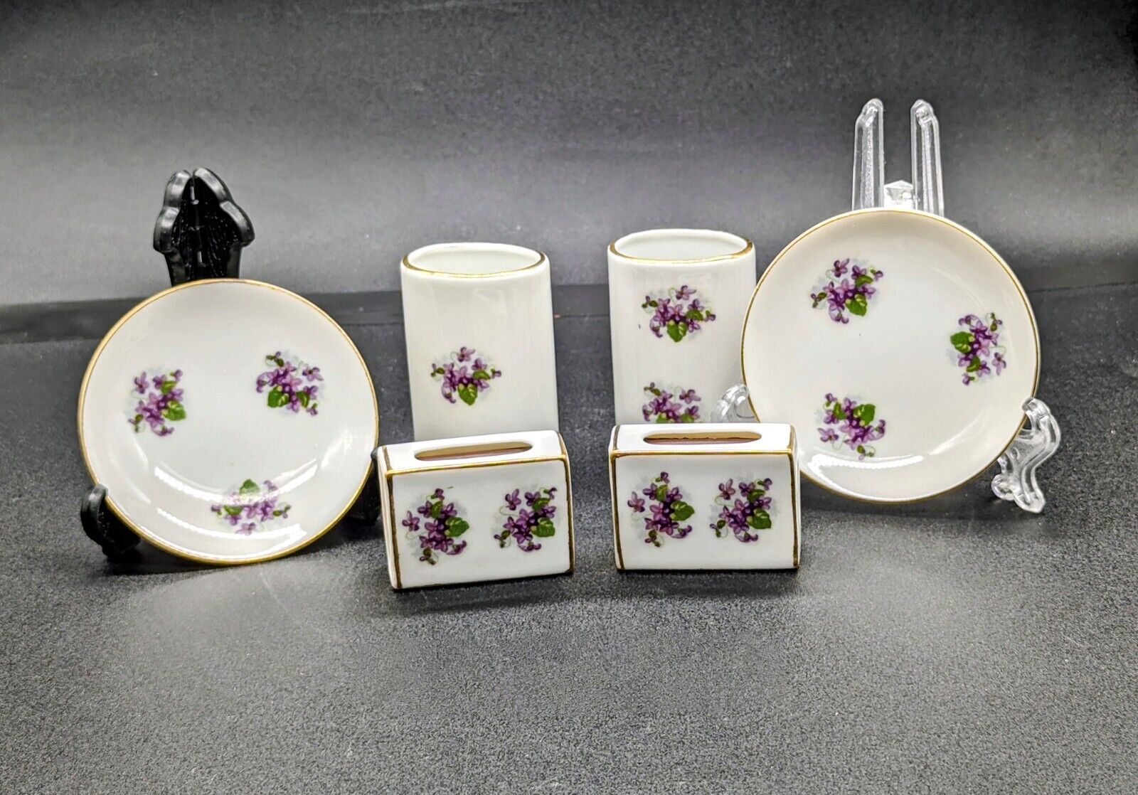 VTG Japan Porcelain Purple Floral Matchbox Holder, Cigarette Holder, & ashtrays 