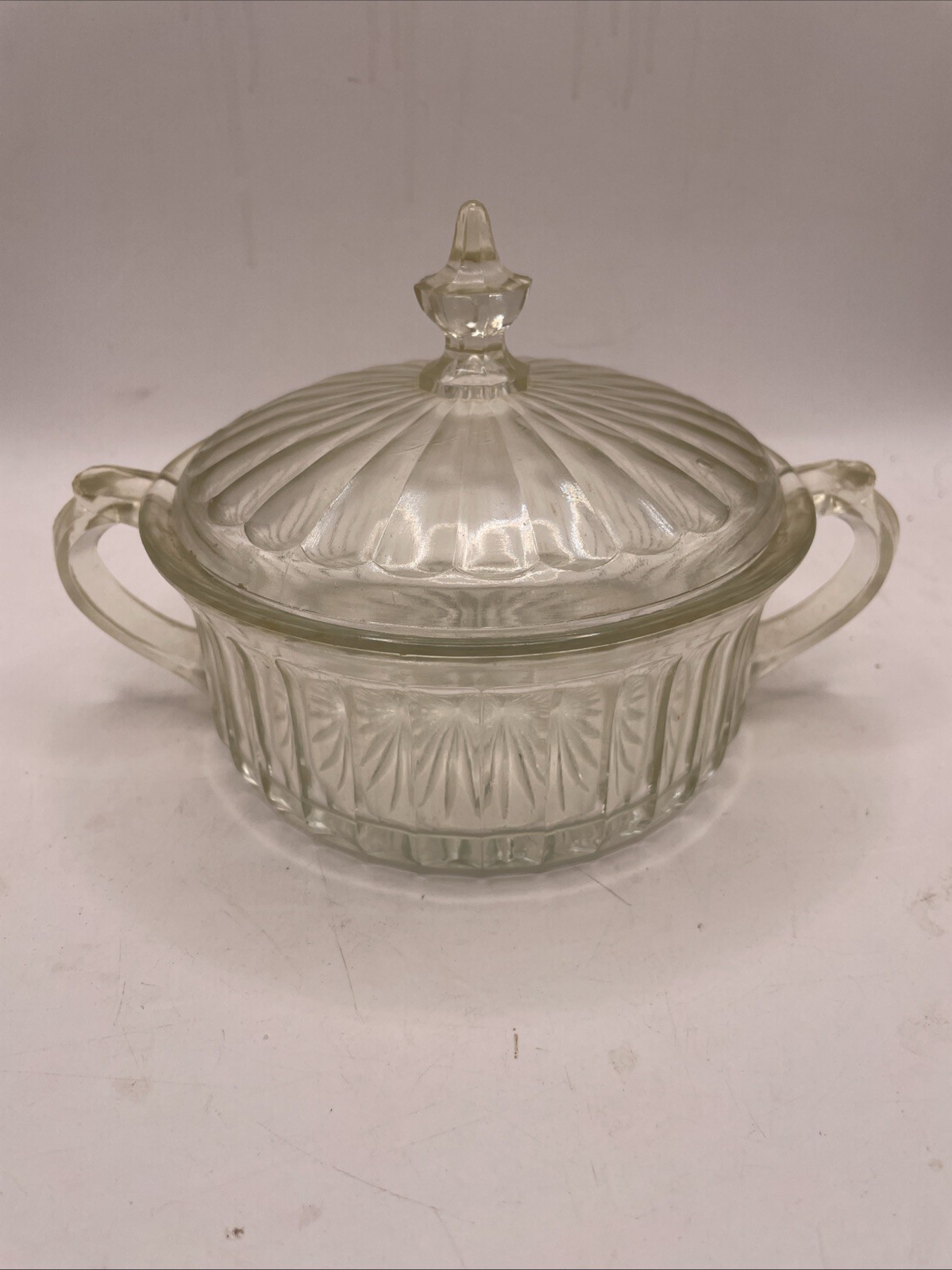 Vintage Heavy Depression Glass Trinket/Candy Dish with Lid Double Handles 1930s Vintage Heavy Depression Glass Trinket/Candy Dish with Lid Double Handles 1930s