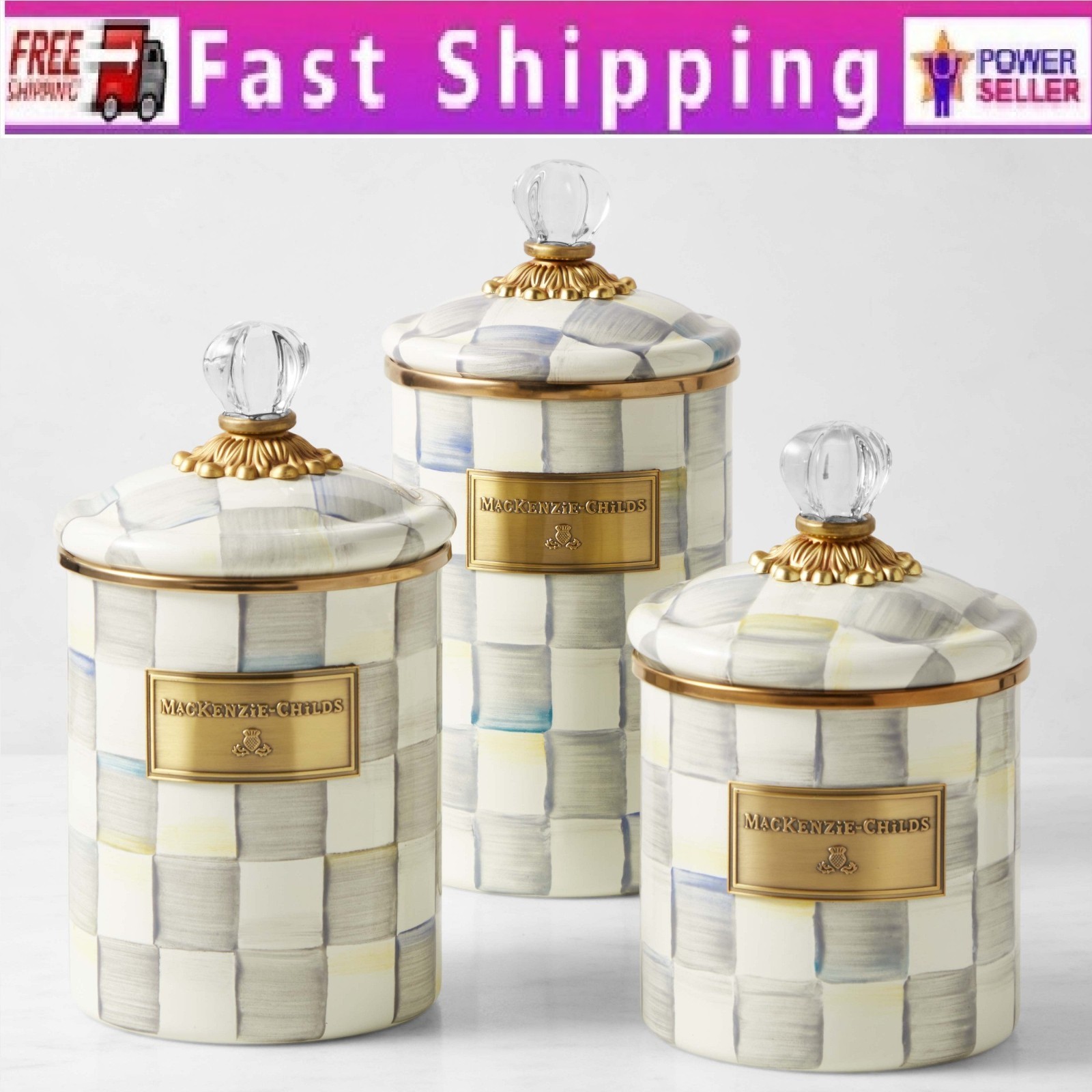 MacKenzie-Childs Sterling Check Canister, Set of 3, Stock US-No Import Fees MacKenzie-Childs Sterling Check Canister, Set of 3, Stock US-No Import Fees