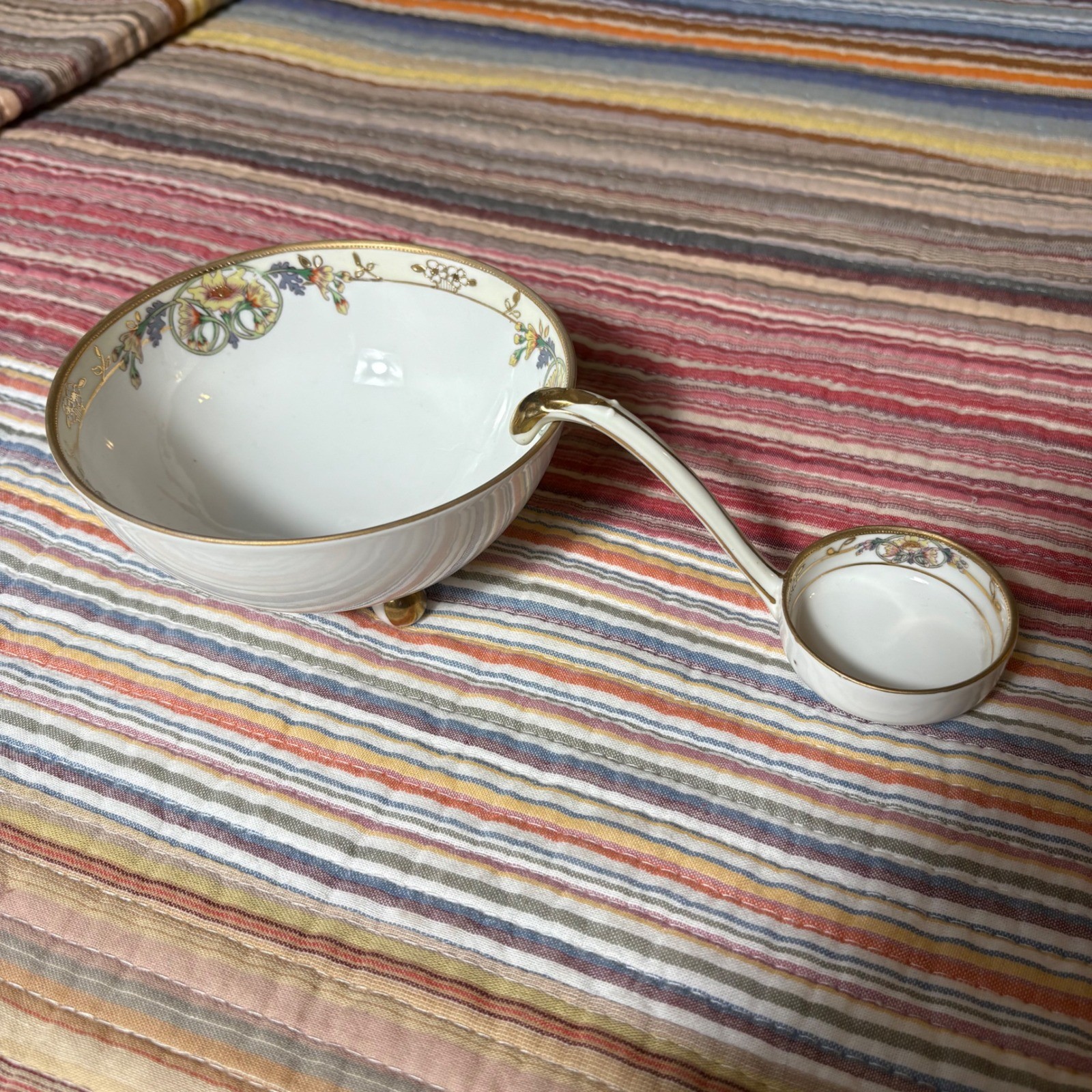 Antique Nippon Hand Painted Porcelain Footed Mayonnaise Bowl and Ladle Set Gold Antique Nippon Hand Painted Porcelain Footed Mayonnaise Bowl and Ladle Set Gold