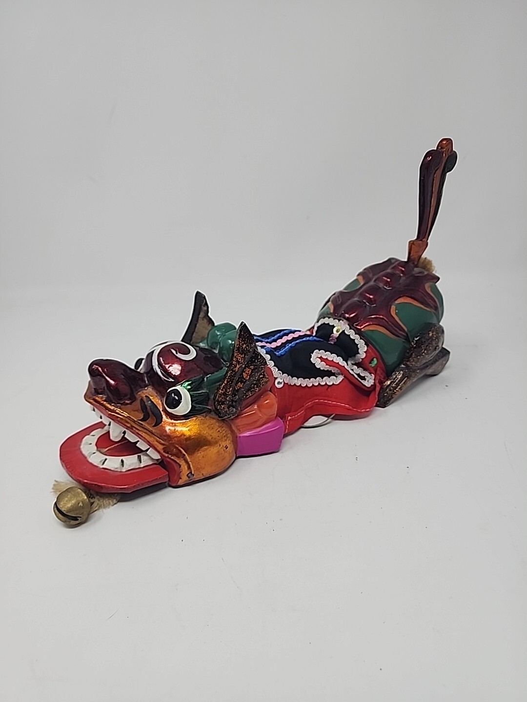 Vintage Chinese Articulated Wooden Dragon Dance Figure Puppet Brass Bell 14
