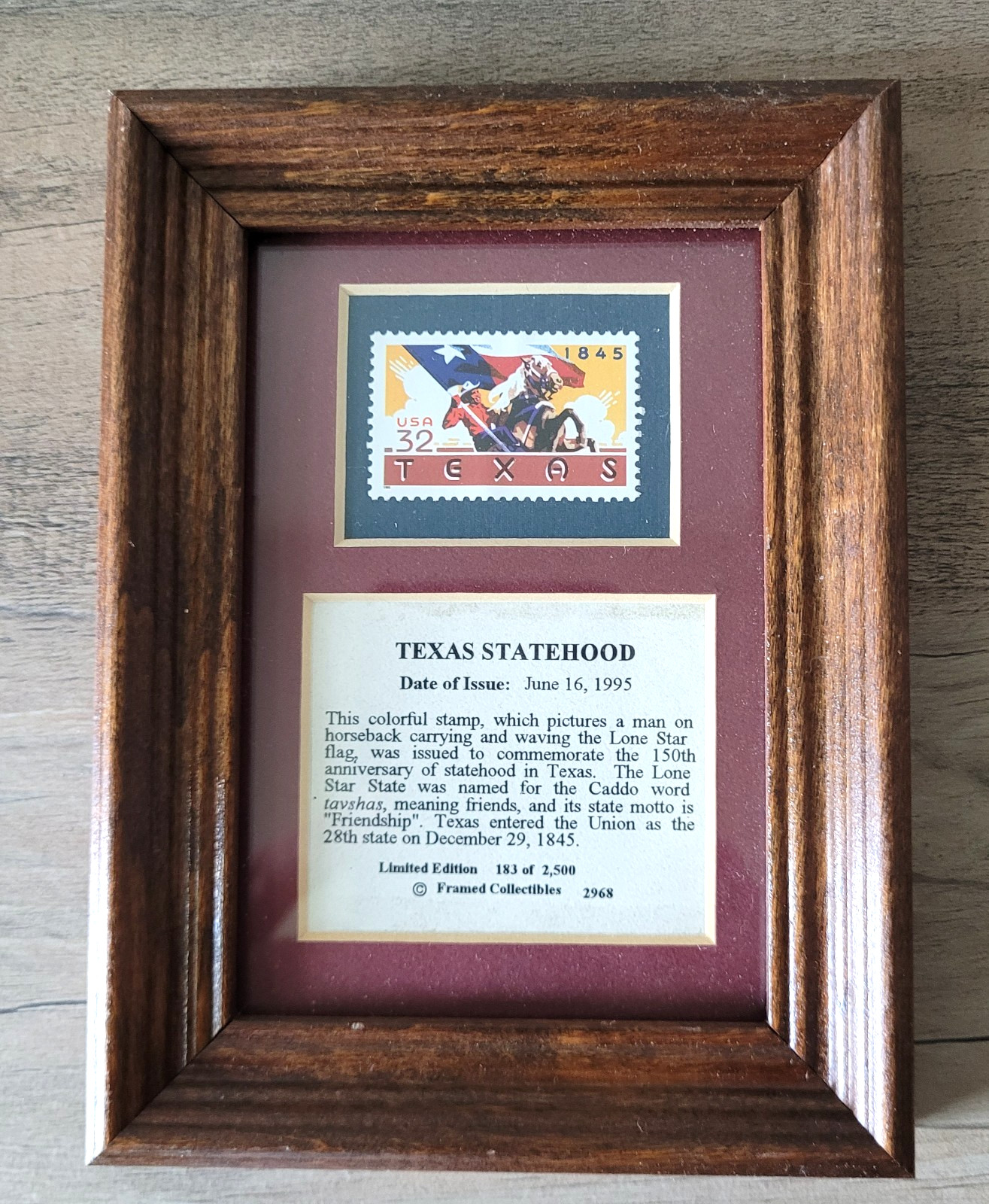 TEXAS STATEHOOD - MATTED & FRAMED U.S. POSTAGE STAMP