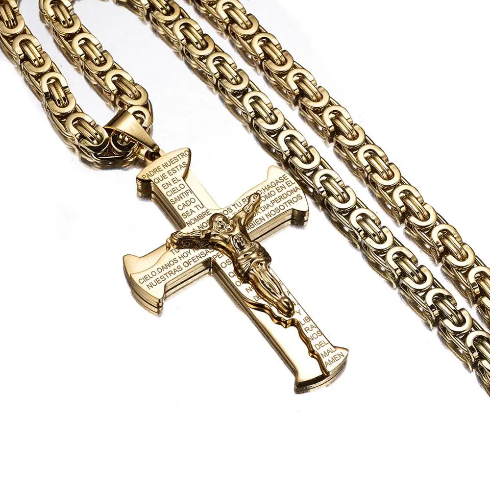 Mens Jesus Cross Pendant Gold Tone 96cm Chain Stainless Steel Pray Necklace Gift