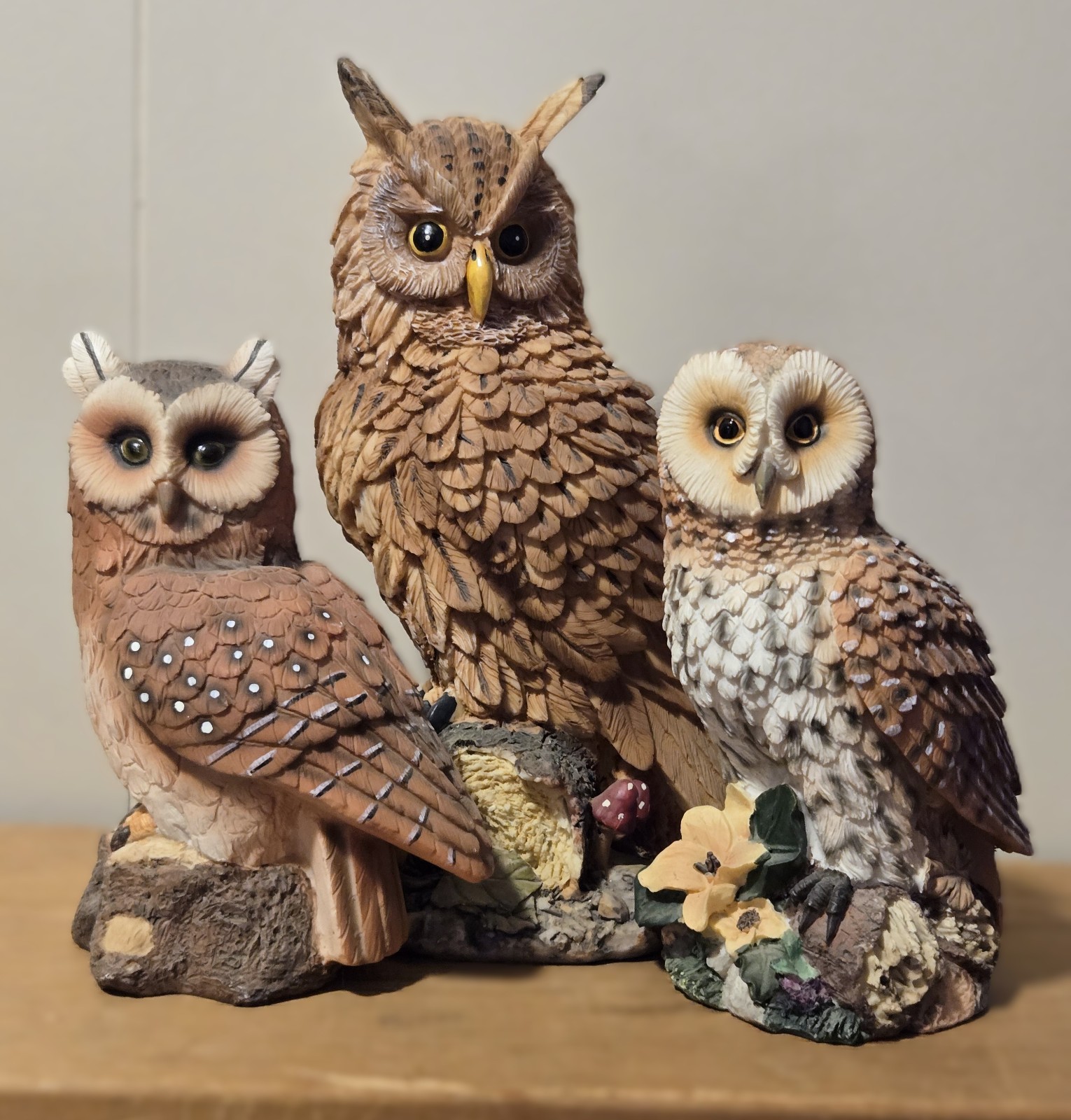 Set of 3 Resin Owl Figurines 12 in / 8 in