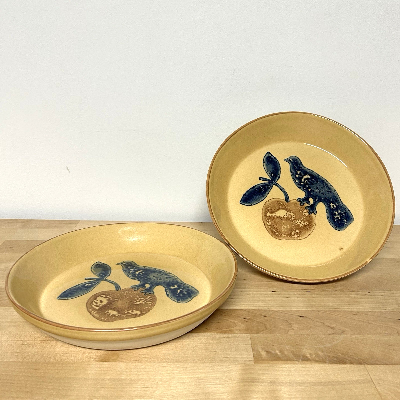 Vtg Pfaltzgraff America Set of 2 Pie Plates Stoneware Bird Apple FolkArt 576 USA