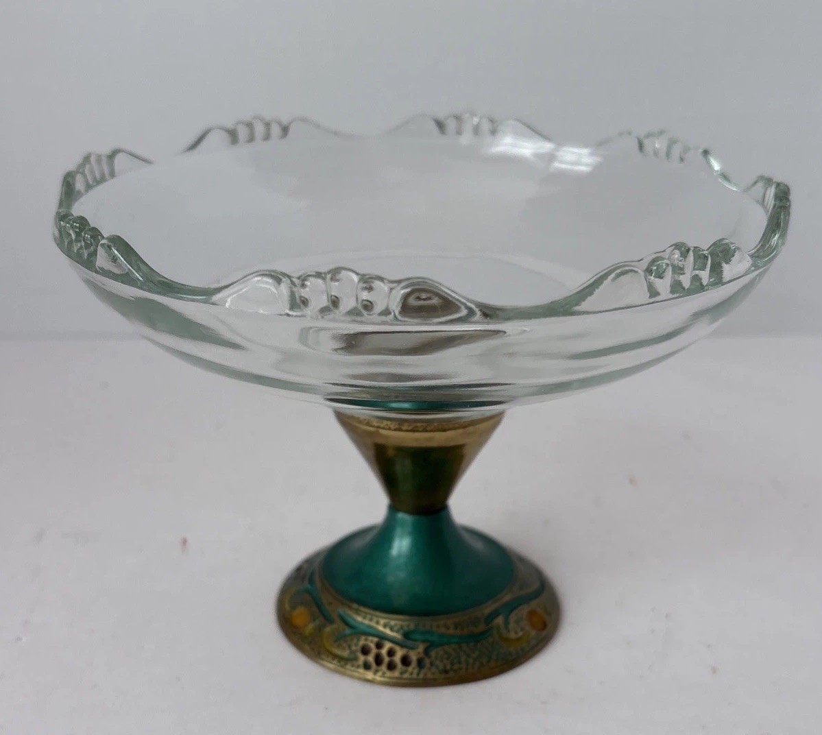 MCM Colonial A.H. Heisey Glass Hand Painted Renamed Brass Pedestal Wedding Dish MCM Colonial A.H. Heisey Glass Hand Painted Renamed Brass Pedestal Wedding Dish