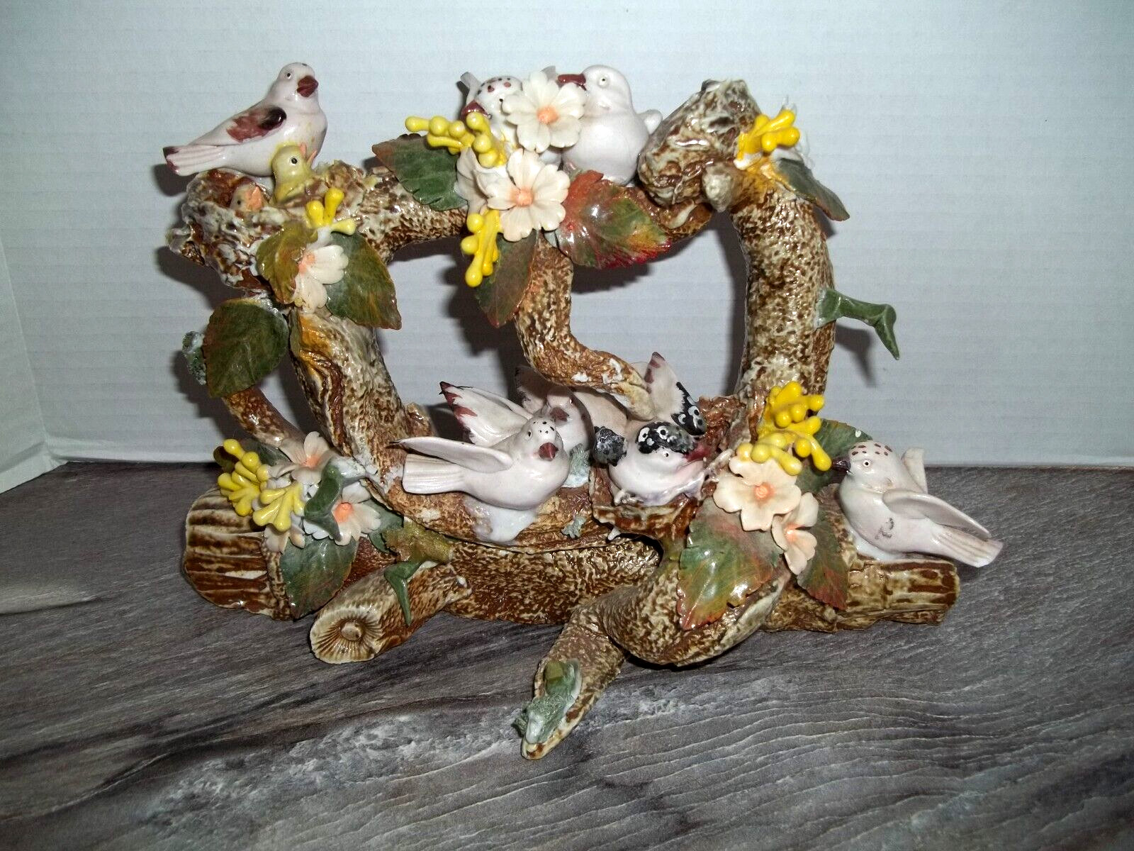 Antique Majolica Grandma Cottage Birds Branch Nesting Statue Figurine Rare 10\