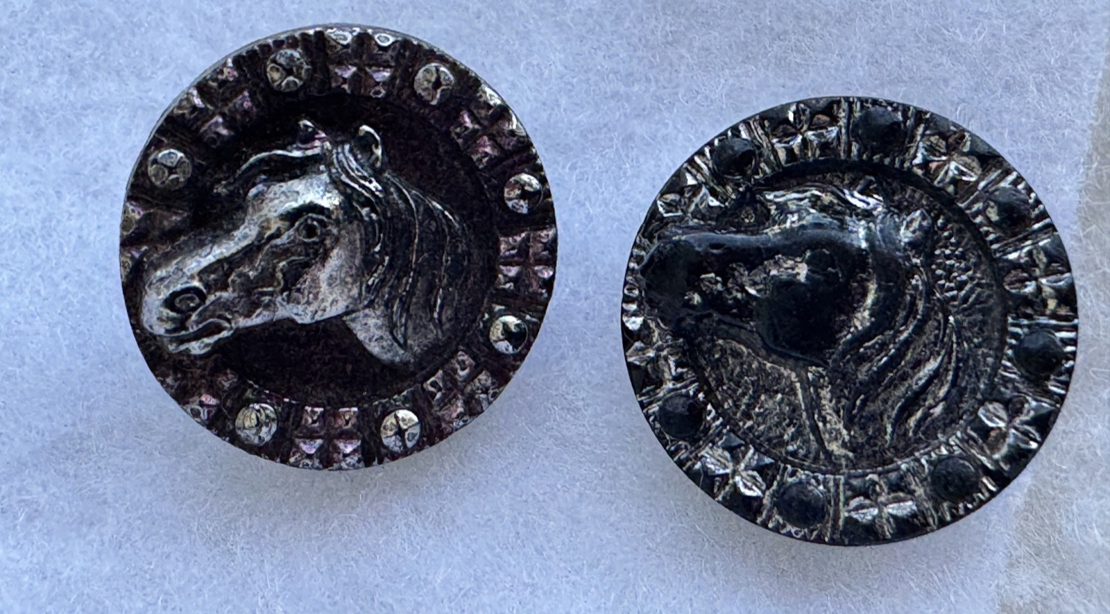 Vintage Pictorial Horse Head Buttons Pair Black Glass Embossed Equestrian