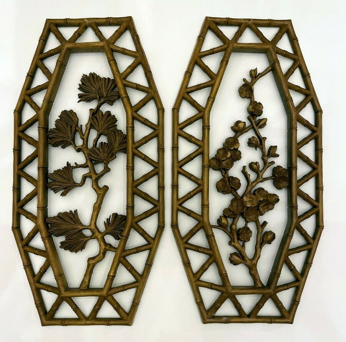 Vintage Dart Industries Homco Floral Wood Tone Bamboo Plaques Set Of 2 1977