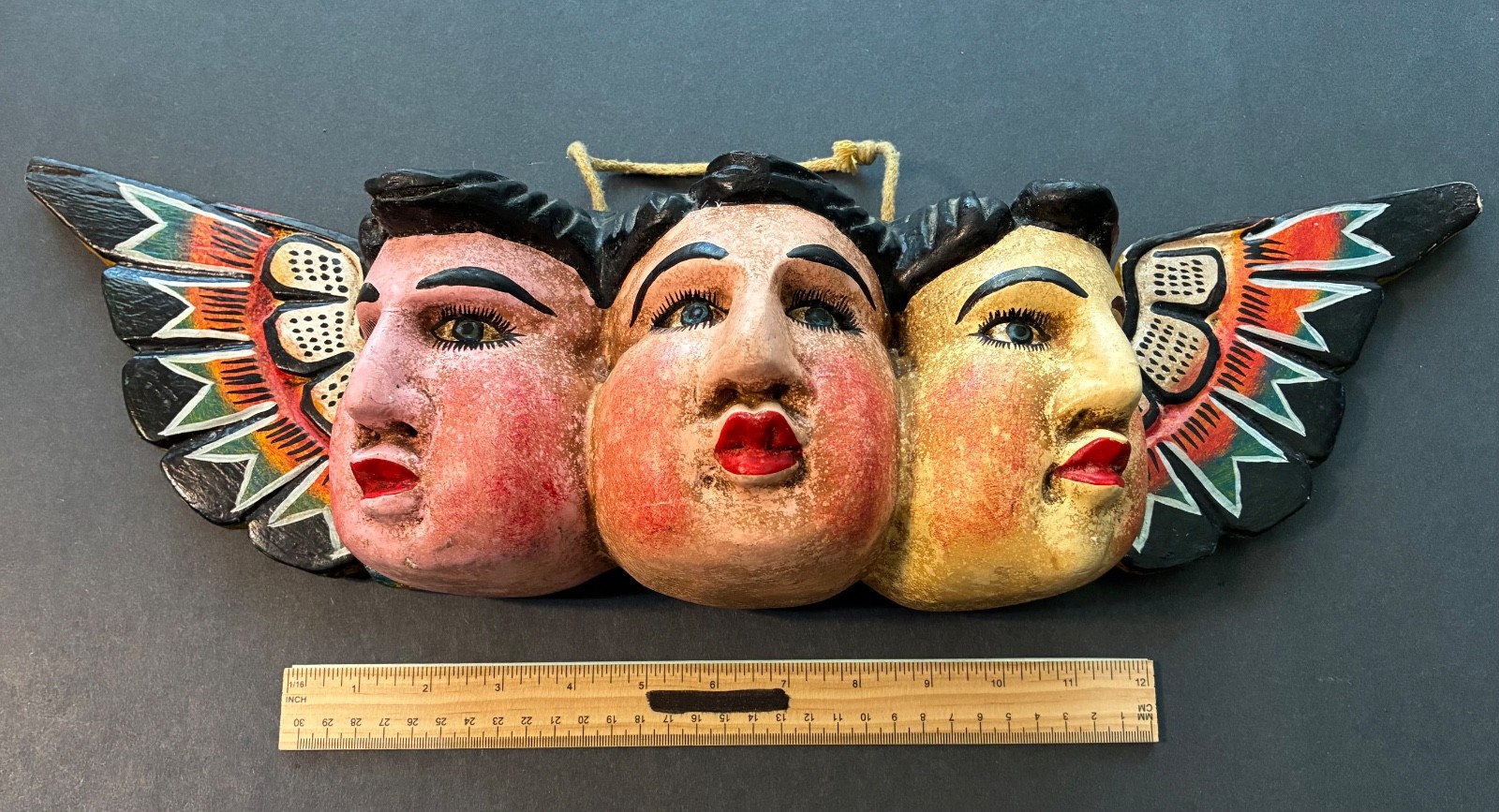 Rare THREE HEADED VINTAGE GUERRERO MEXICAN FOLK ART MASK ~ Beautiful