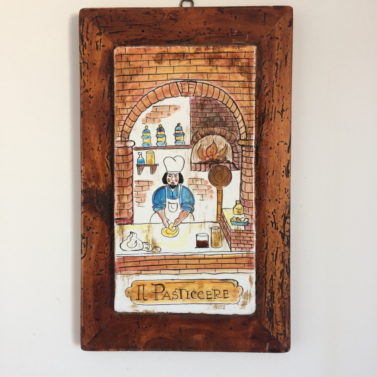 Vintage Decorative Tile in Wooden Frame IL PASTICCERE Hand Painted Italy