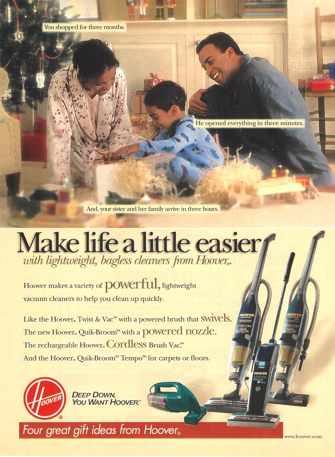 1999 Hoover Vacuum Cleaner Twist & Vac Quik-Broom Christmas vintage Print AD