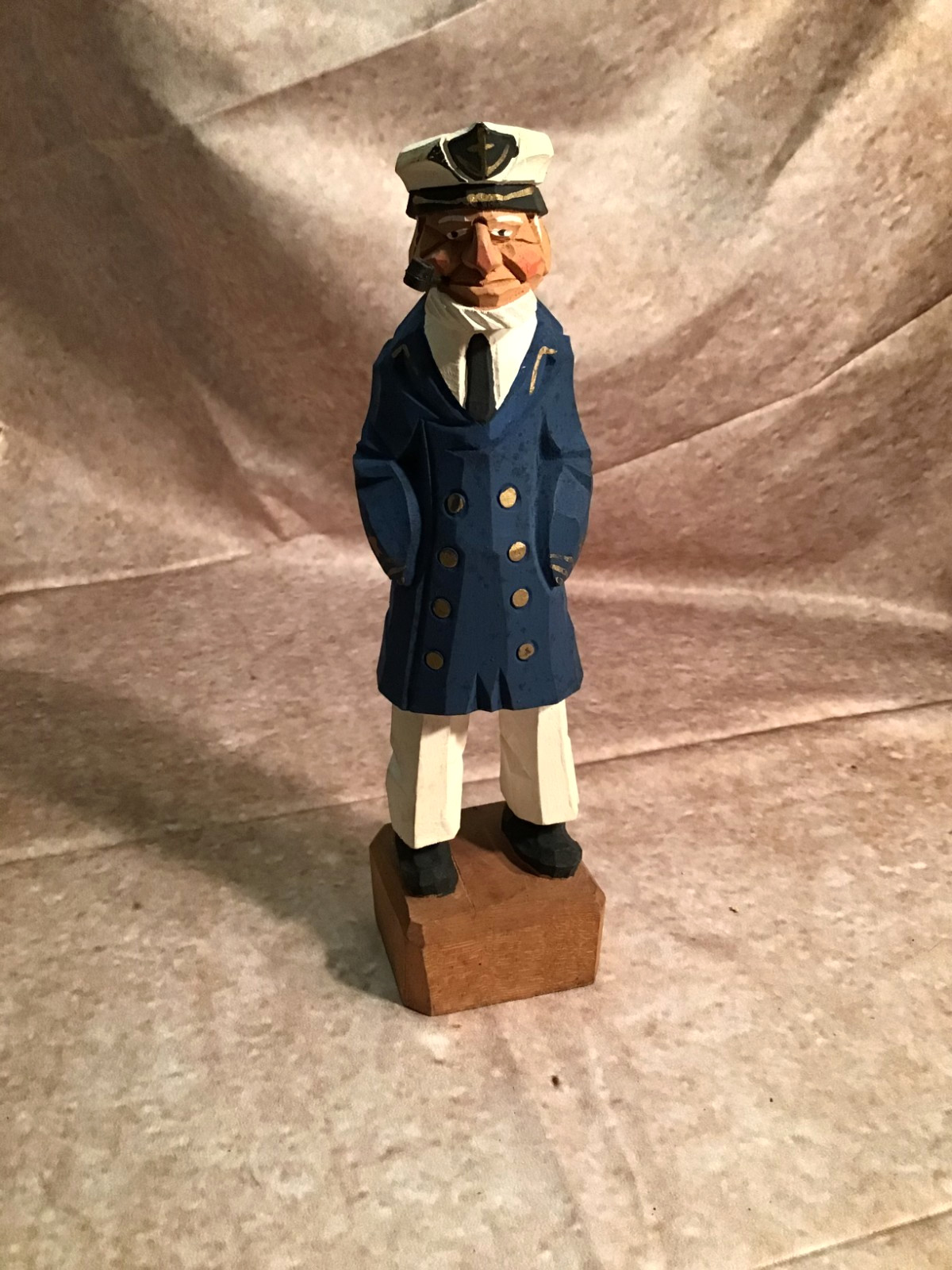 Carved Wood Sea Captain Blue Coat White Hat Pants 9 7/8\