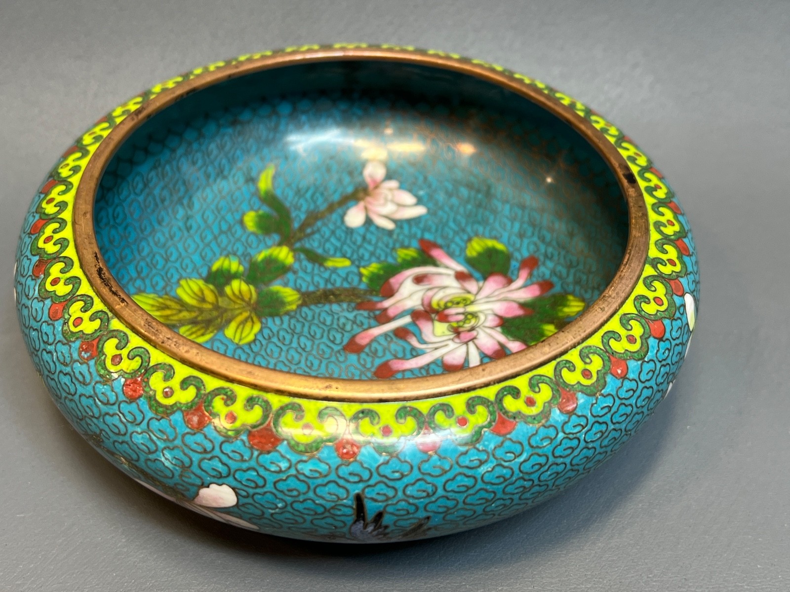 Late Qing Antique Chinese Cloisonné Enamel Dish Bowl Floral Birds