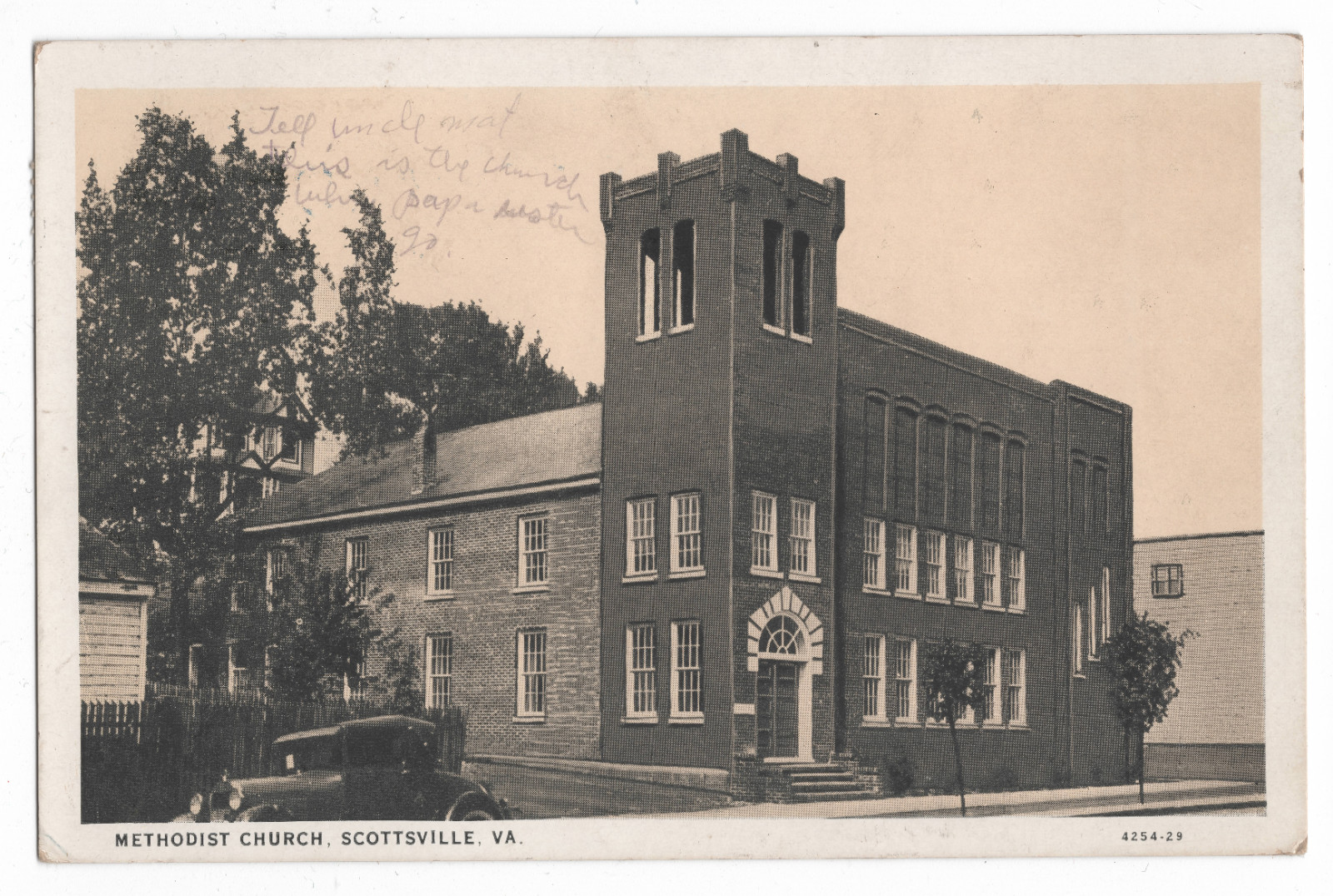 METHODIST CHURCH SCOTTSVILLE, VA ANTIQUE AUTOMOBILE STREET W.E. BURGESS POSTCARD METHODIST CHURCH SCOTTSVILLE, VA ANTIQUE AUTOMOBILE STREET W.E. BURGESS POSTCARD