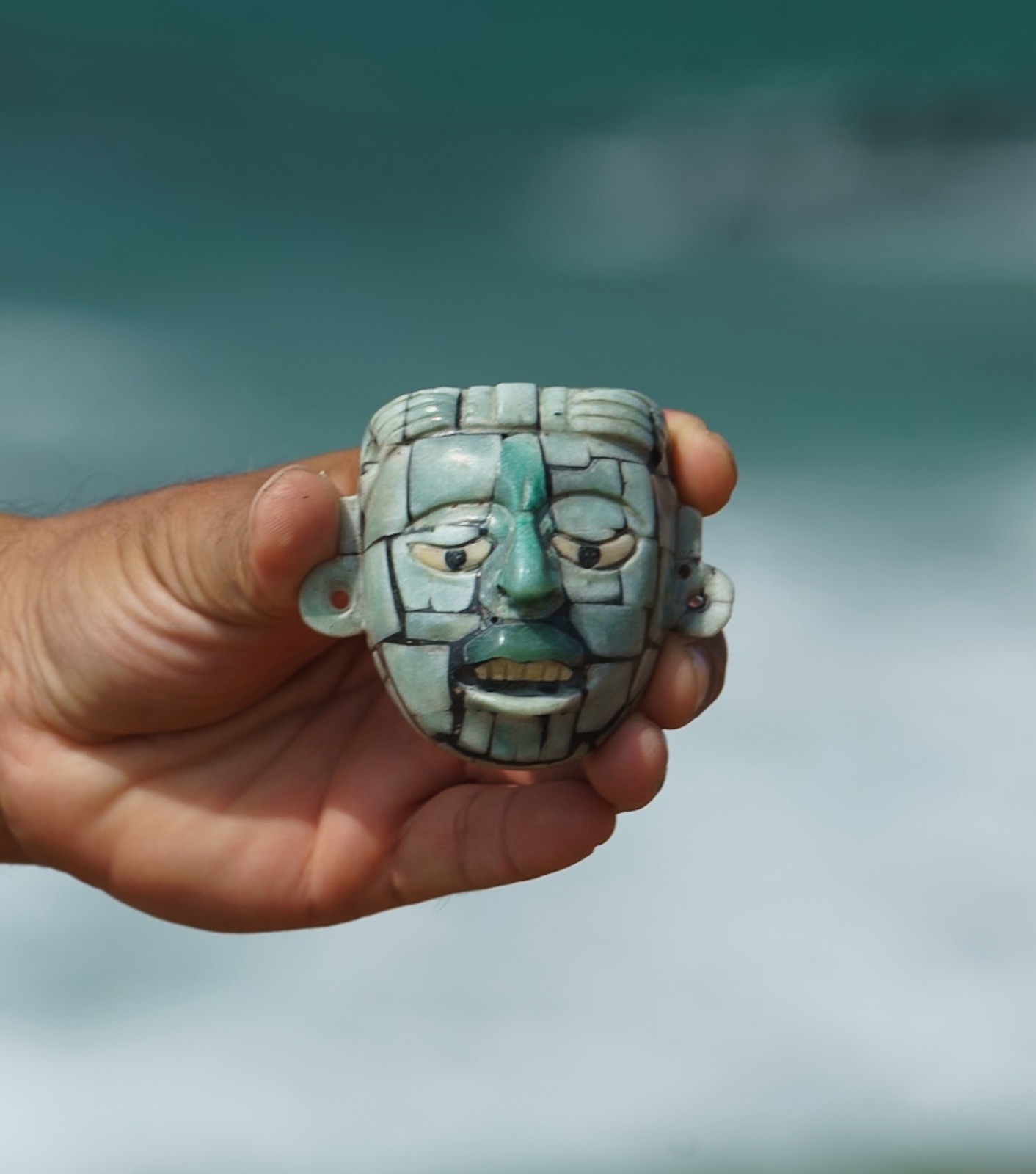 Handcrafted Mayan Mosaic Mask pendent  Museum One of a kind made of Aventurine 