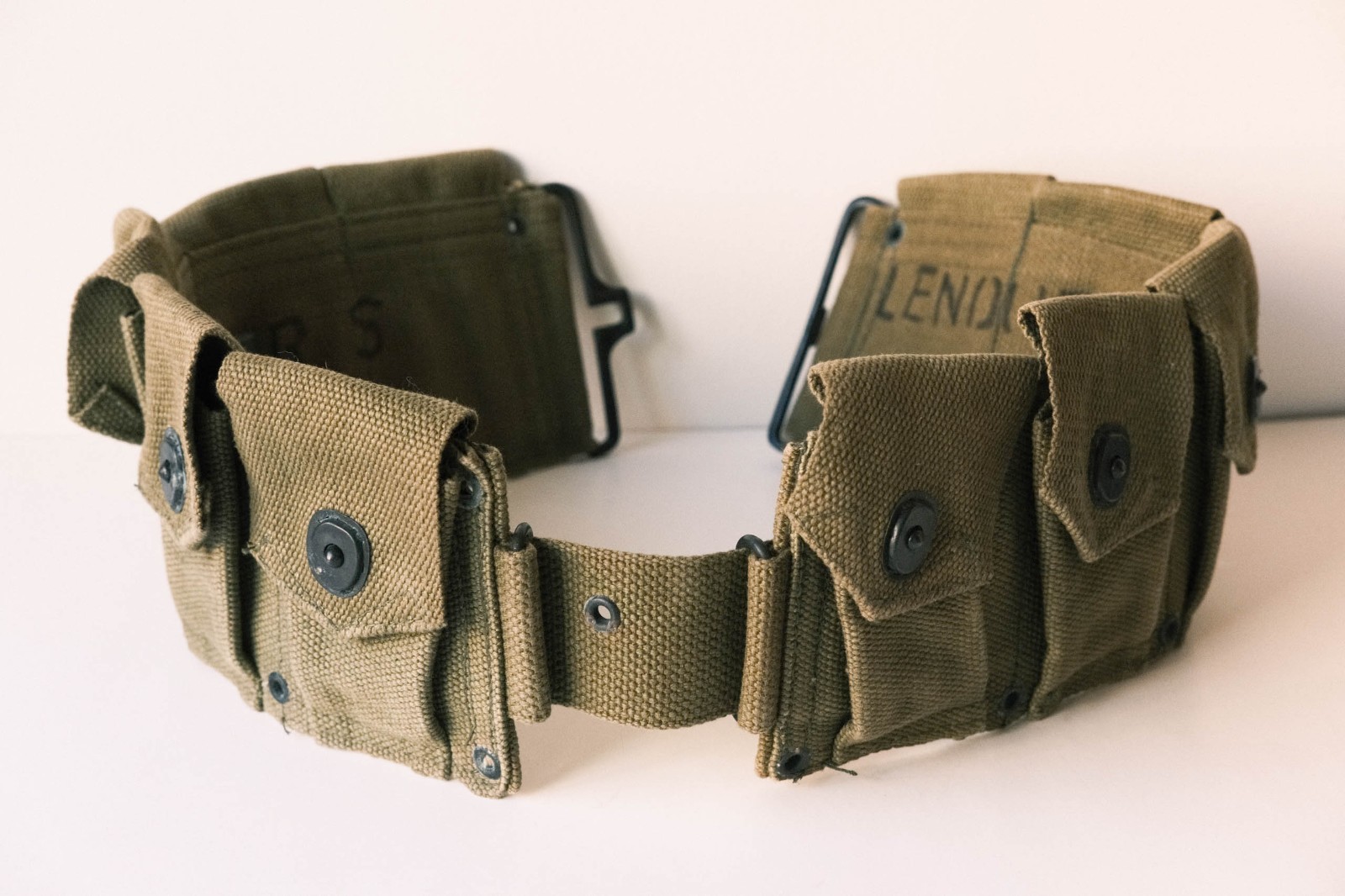 Original WWII US Army M1923 Cartridge Belt OD3 M1 Garand 10 Pocket Named Lenoue Original WWII US Army M1923 Cartridge Belt OD3 M1 Garand 10 Pocket Named Lenoue