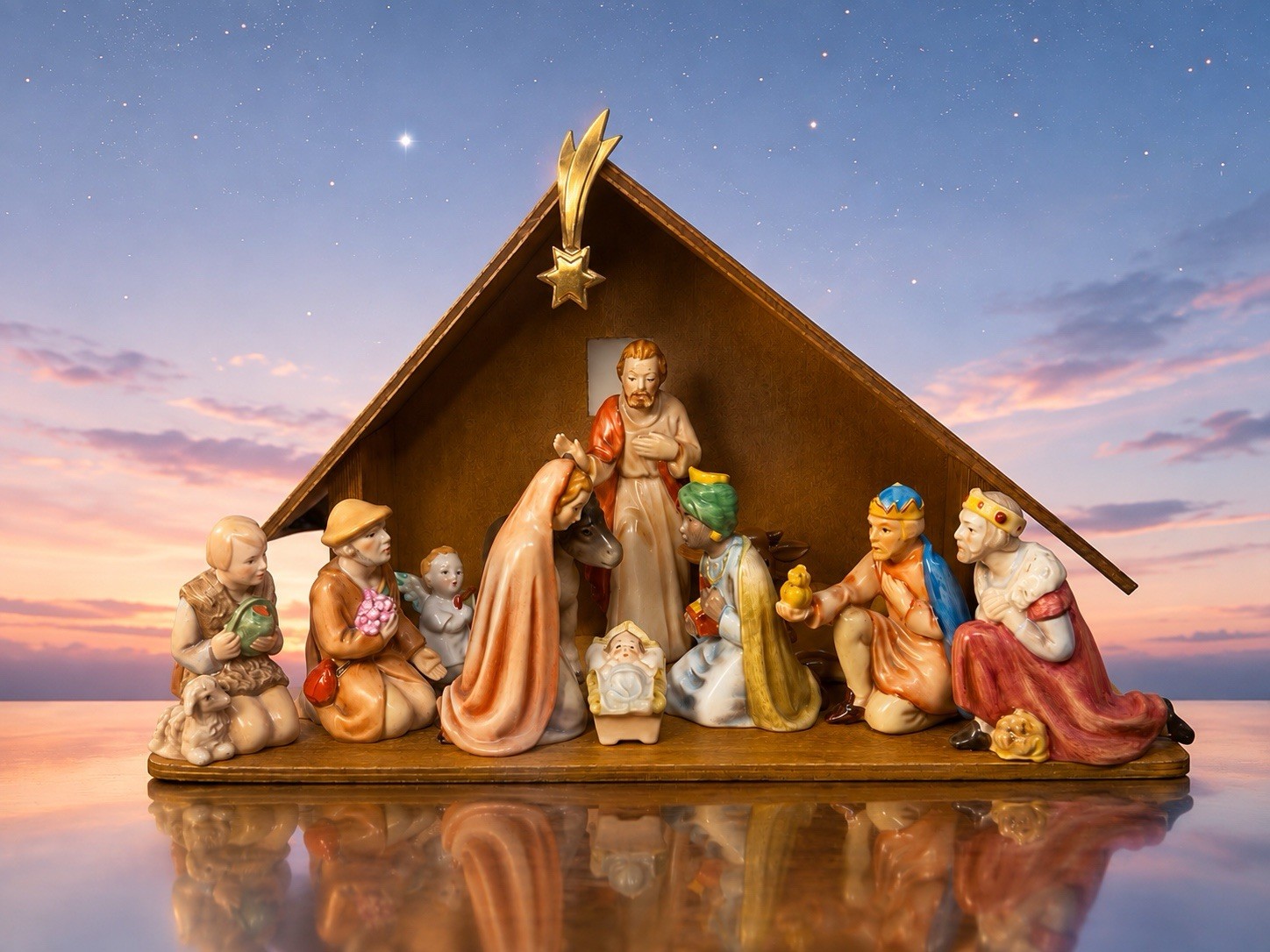 Goebel West Germany 1980s 12-Piece Porcelain Nativity Set With Wood Creche