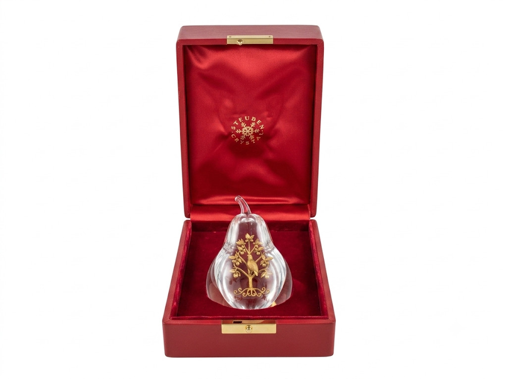 Steuben “Partridge in a Pear Tree” 18K Yellow Gold and Crystal Sculpture P-16554