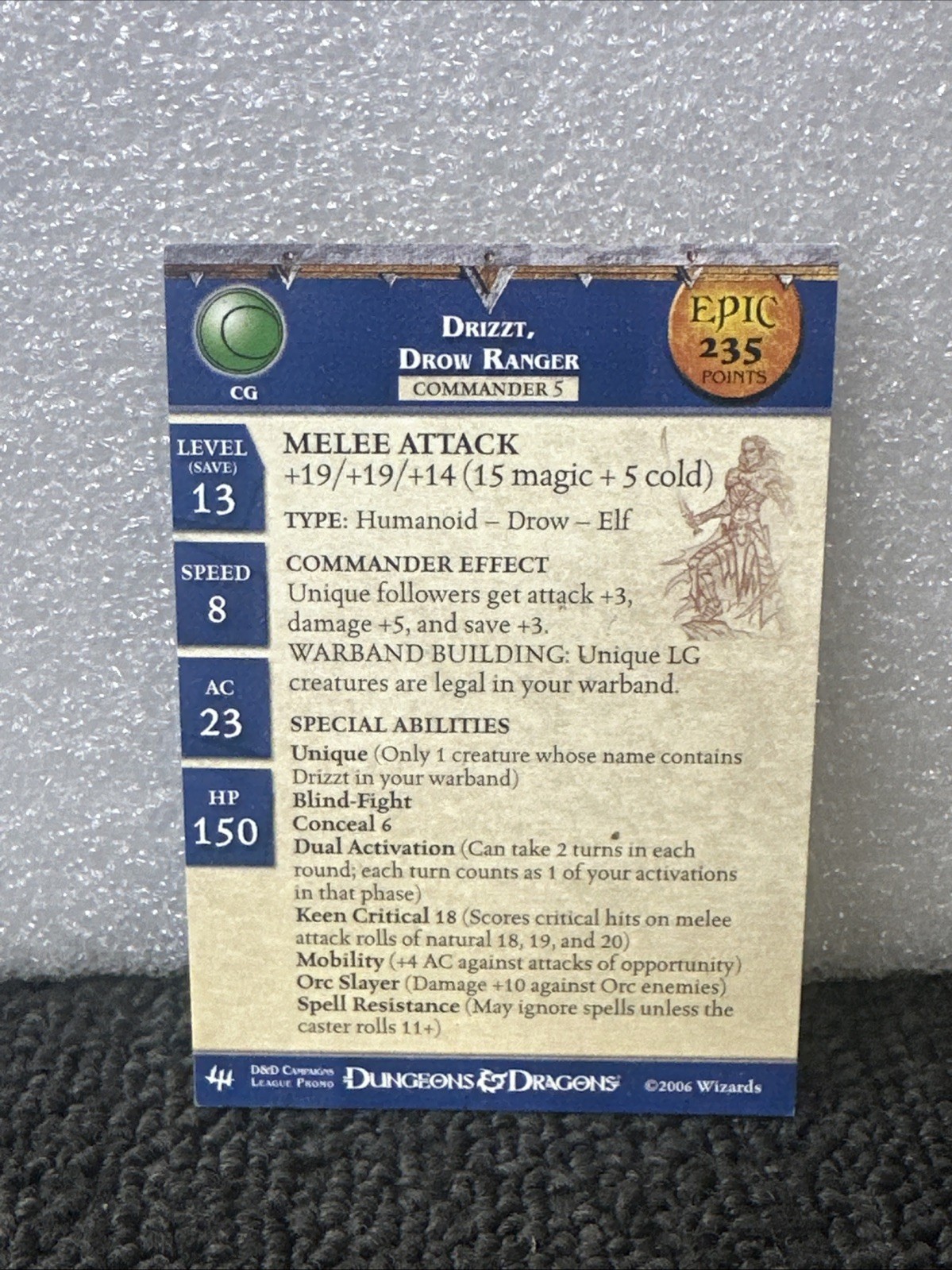 D&D miniatures Archfiends DRIZZT DROW RANGER EPIC STAT PROMO LEAGUE CARD B6